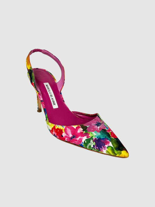 Manolo Blahnik Carolyne Floral Print Slingback Pumps luxury designer resale secondhand consignment