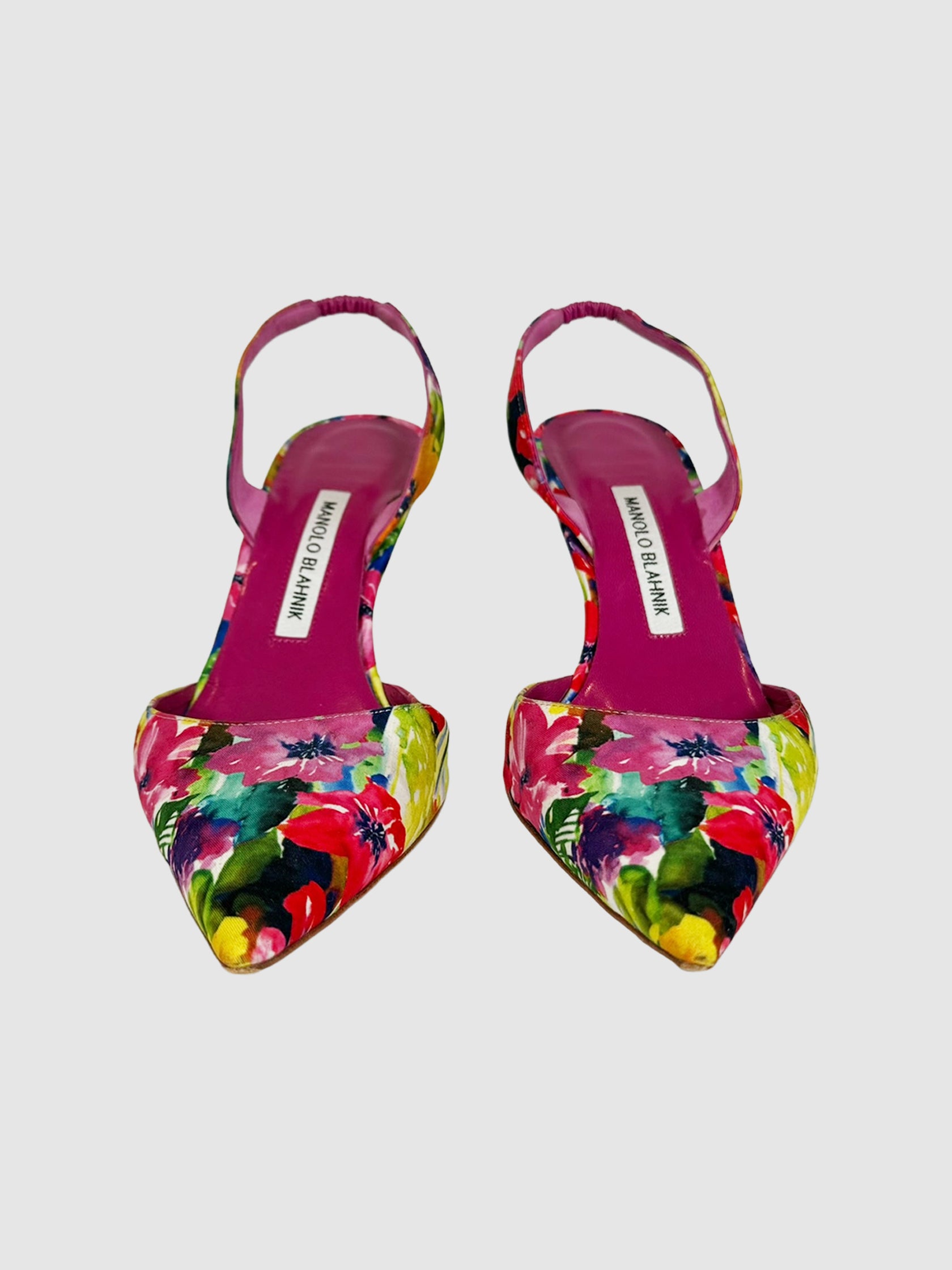 Manolo Blahnik Carolyne Floral Print Slingback Pumps luxury designer resale secondhand consignment