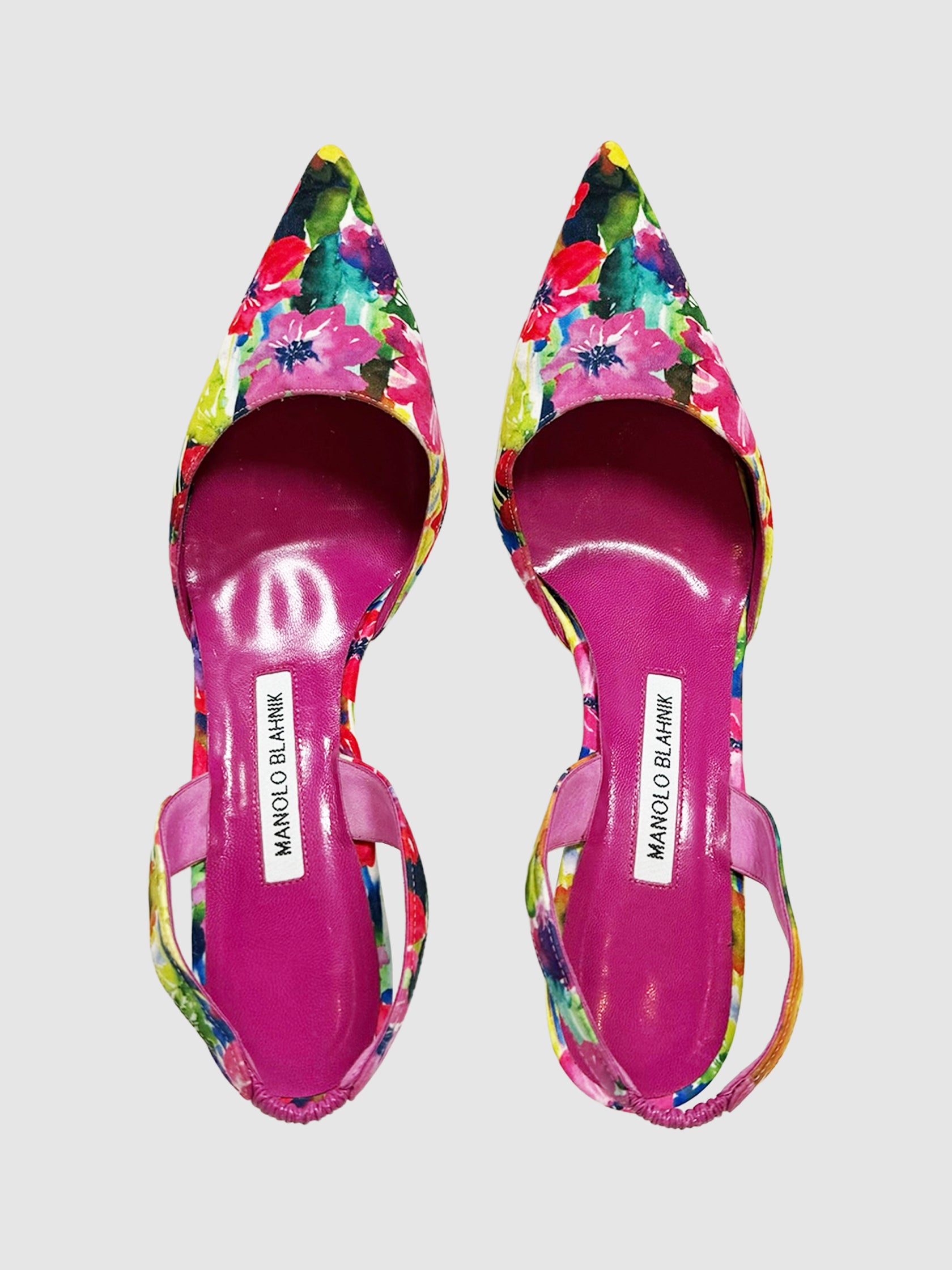 Manolo Blahnik Carolyne Floral Print Slingback Pumps luxury designer resale secondhand consignment