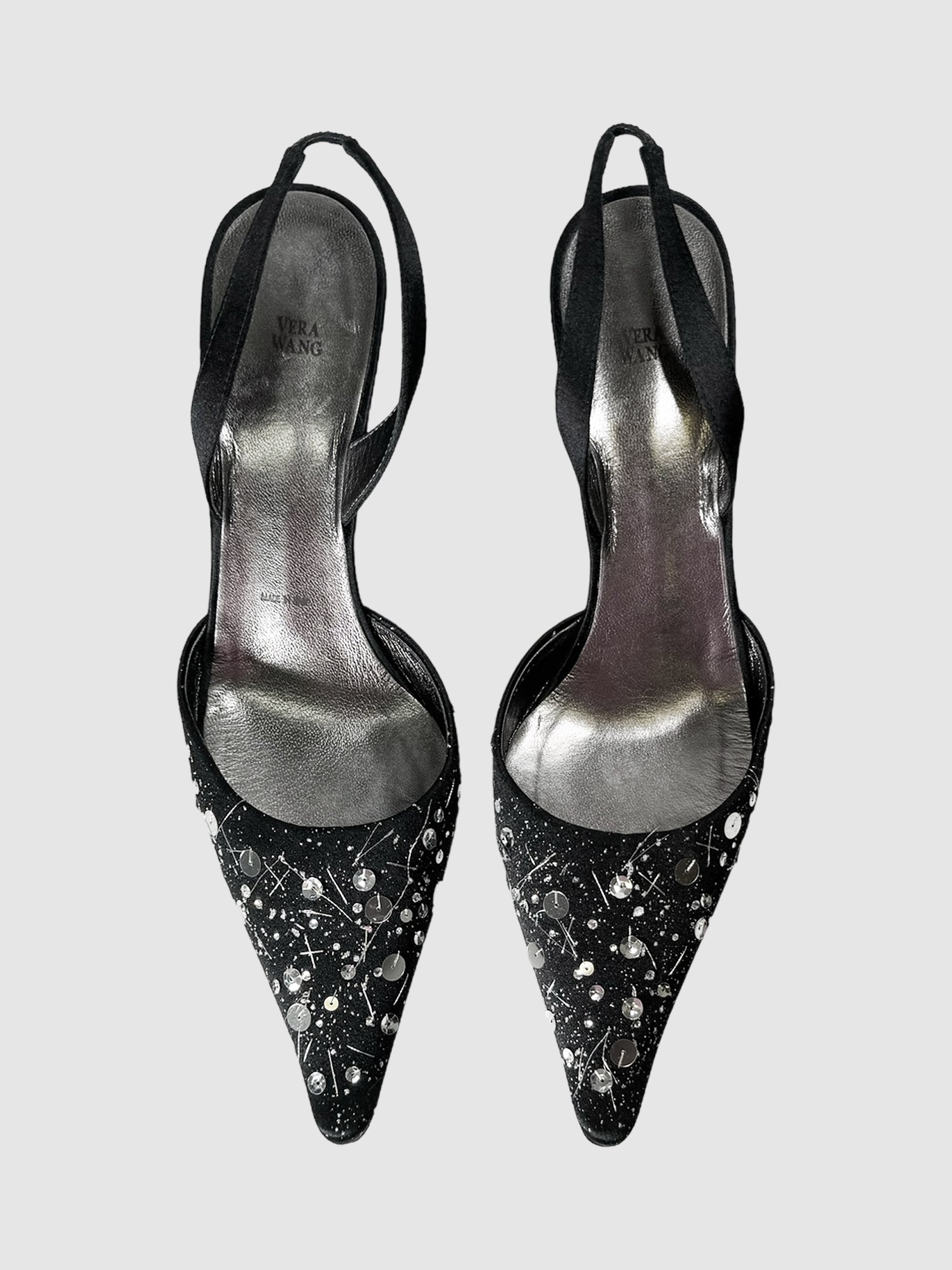 Vera Wang Satin Sequin Embellished Slingback Pumps Size 37.5 Consignment Secondhand Designer Luxury Resale Toronto Trendy