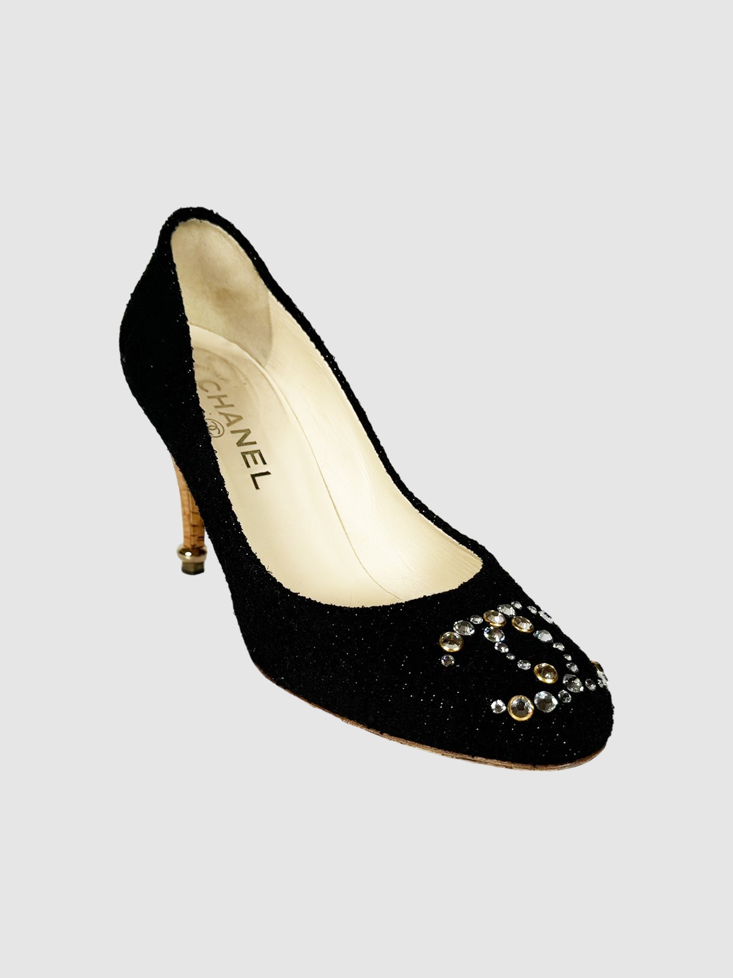 Chanel Black Tweed Crystal CC Embellished Pumps Size 36.5 Consignment Secondhand Designer Luxury Resale Toronto Trendy