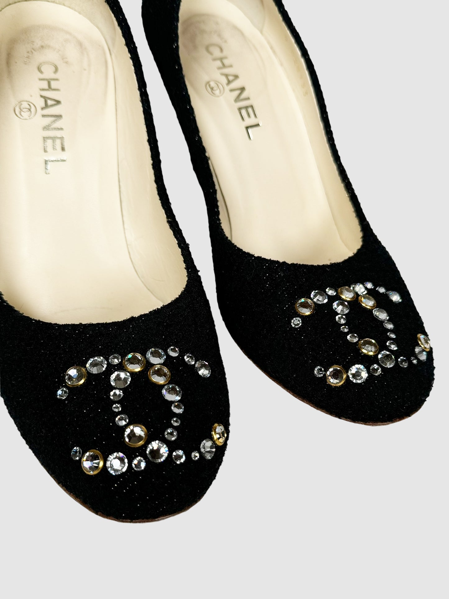 Chanel Black Tweed Crystal CC Embellished Pumps Size 36.5 Consignment Secondhand Designer Luxury Resale Toronto Trendy