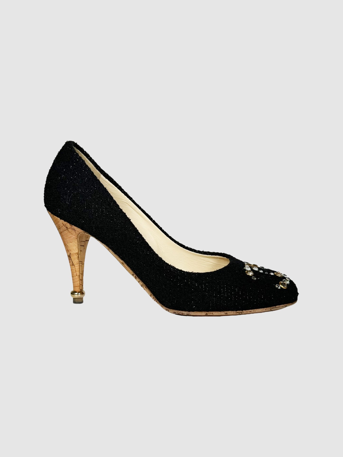 Chanel Black Tweed Crystal CC Embellished Pumps Size 36.5 Consignment Secondhand Designer Luxury Resale Toronto Trendy