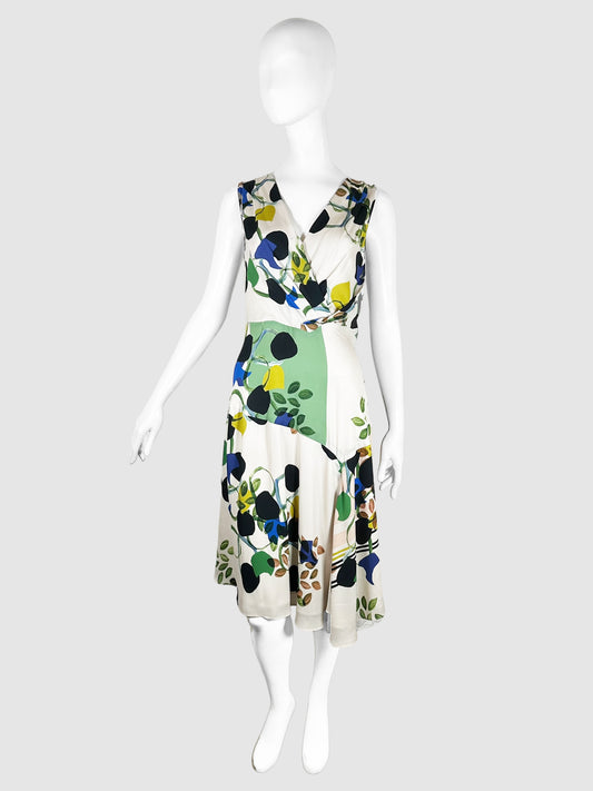 Reiss White, Black, Green, Yellow, and Brown V-Neck Sleeveless Patterned Midi Dress Size 6 Consignment Secondhand Designer Luxury Resale Toronto Trendy