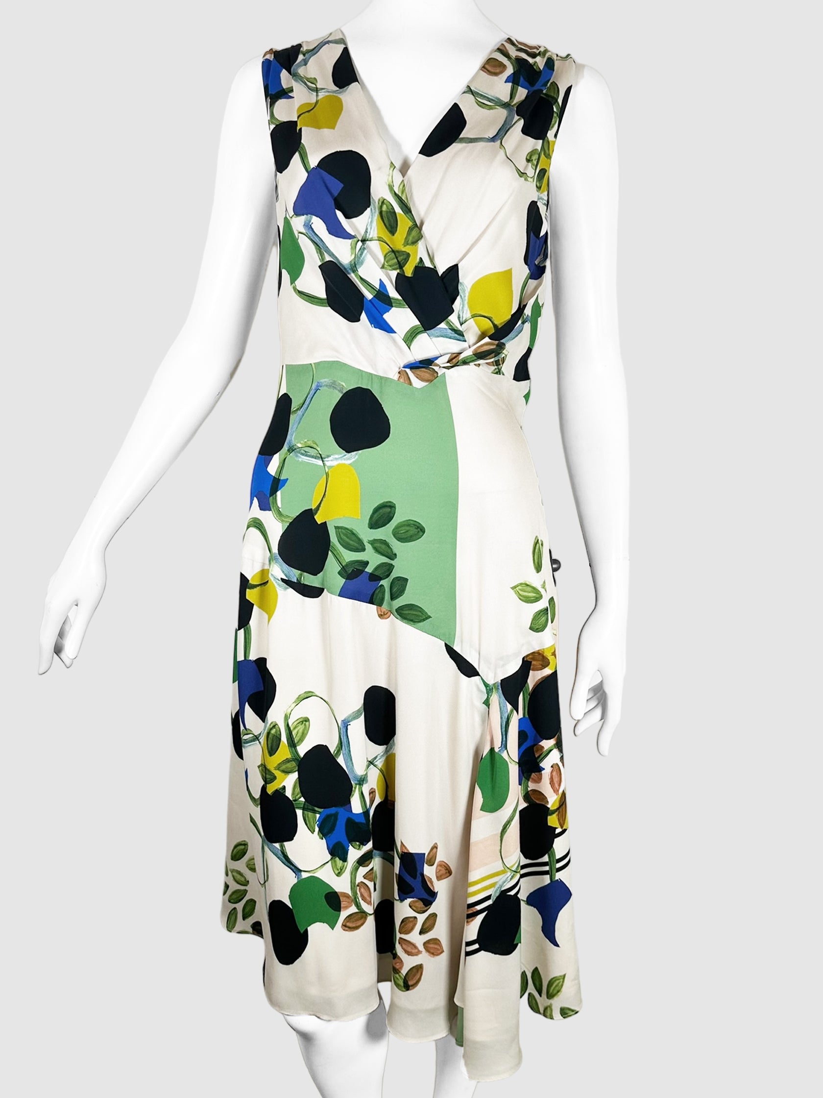 Reiss White, Black, Green, Yellow, and Brown V-Neck Sleeveless Patterned Midi Dress Size 6 Consignment Secondhand Designer Luxury Resale Toronto Trendy