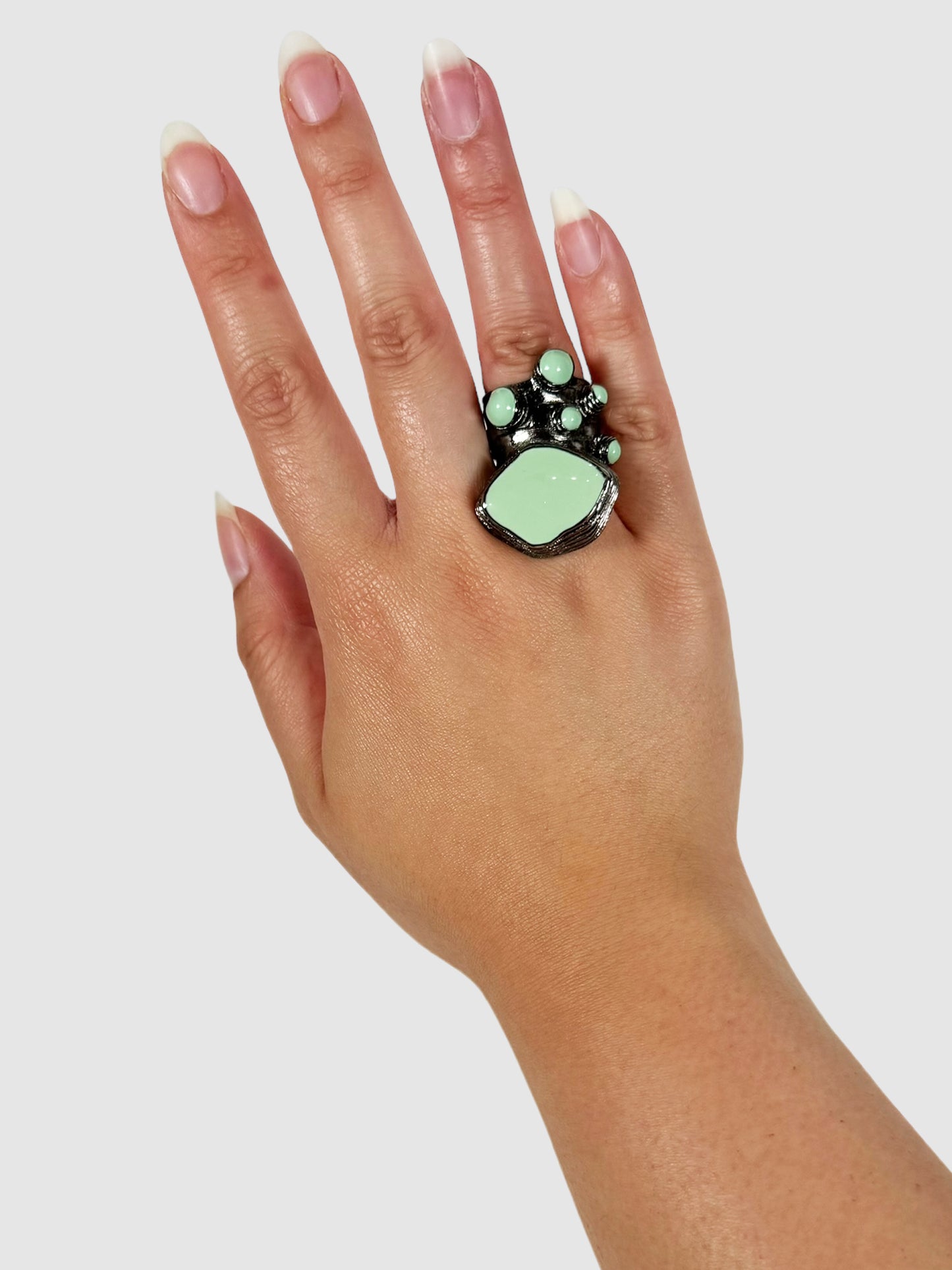 Yves Saint Laurent Arty Cabochon Green Enamel Ring Consignment Secondhand Designer Luxury Resale Toronto Trendy