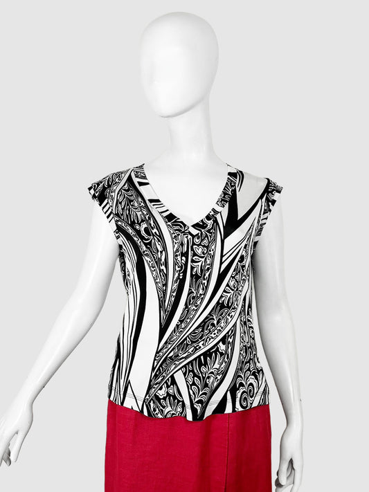 Just Cavalli Black and White Abstract Print V-Neck Short Sleeve Top Size Large Consignment Secondhand Designer Luxury Resale Toronto Trendy