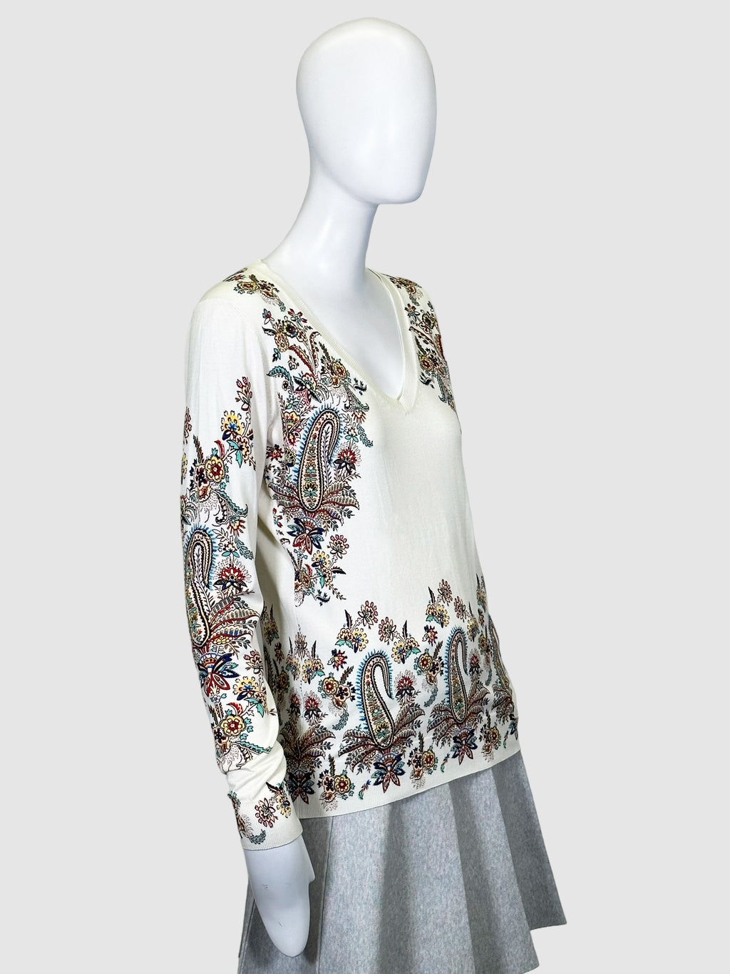 Etro Floral and Paisley Print V-Neck Silk Sweater - Size 46