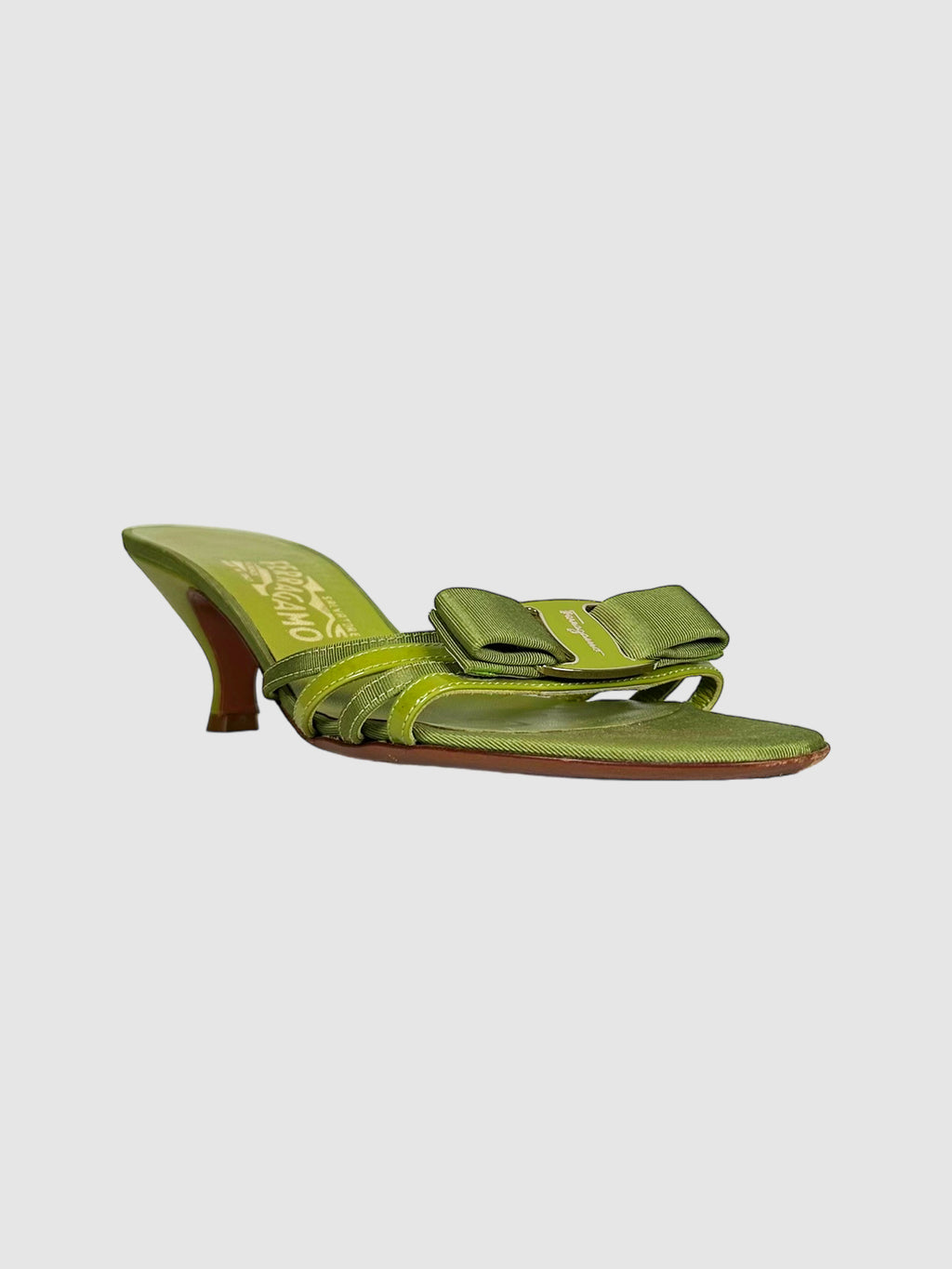 Salvatore Ferragamo Green Leather and Canvas Kitten Heels with Bow Size 7.5 Consignment Secondhand Designer Luxury Resale Toronto Trendy