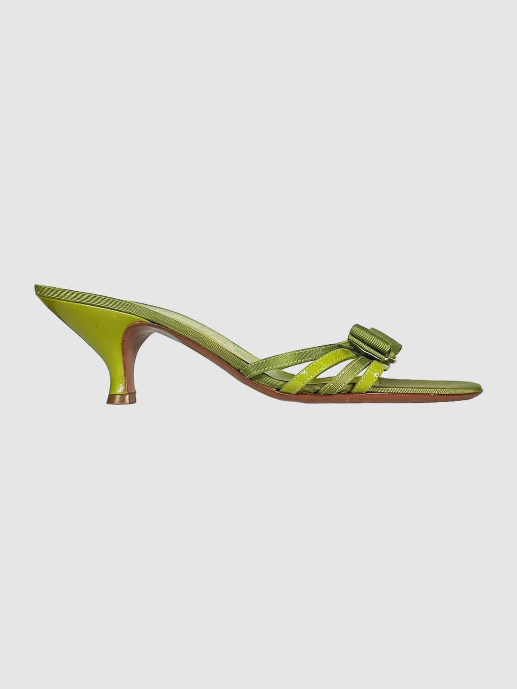Salvatore Ferragamo Green Leather and Canvas Kitten Heels with Bow Size 7.5 Consignment Secondhand Designer Luxury Resale Toronto Trendy
