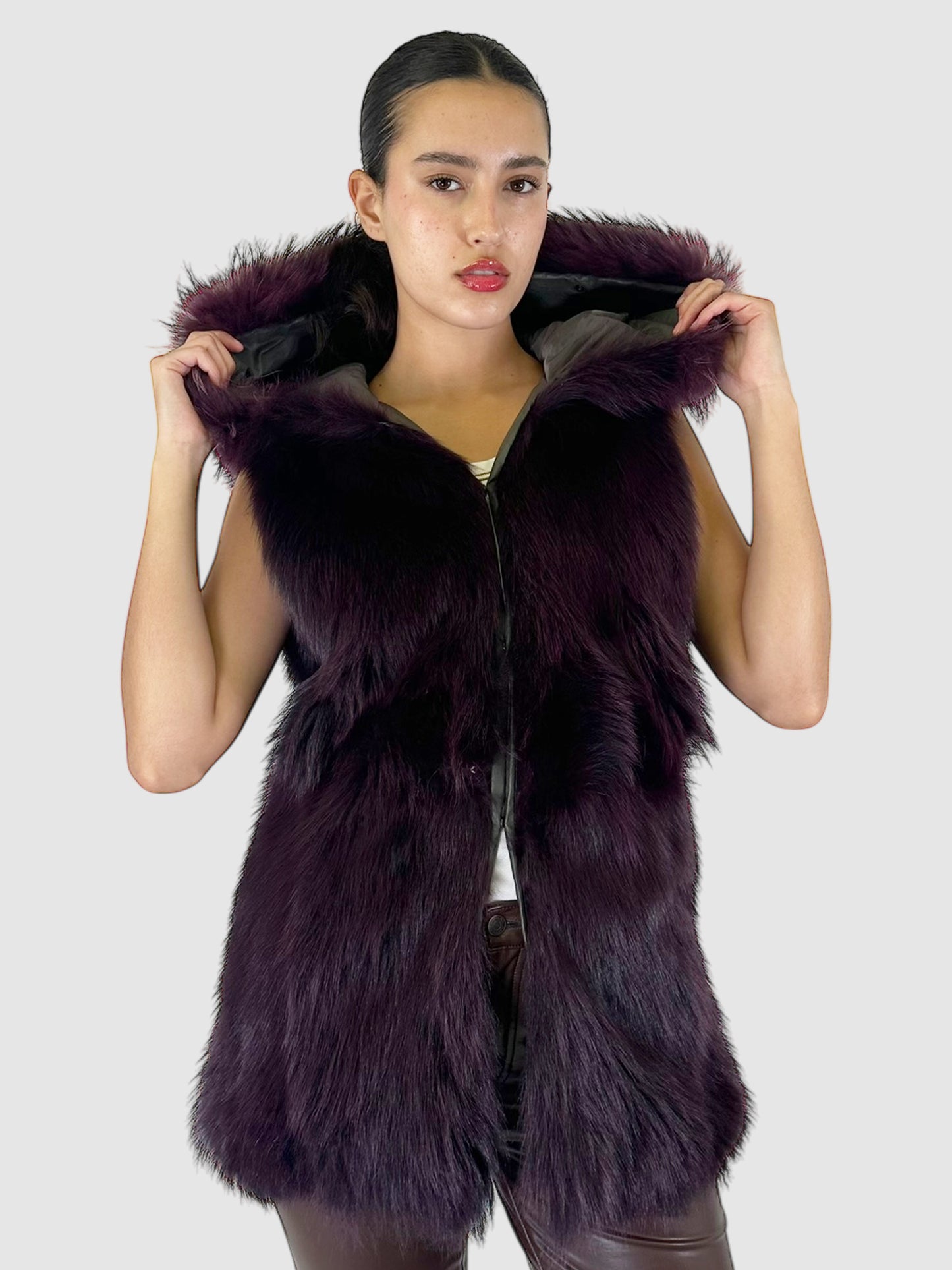 Reversible Hooded Fur Vest - Size XS