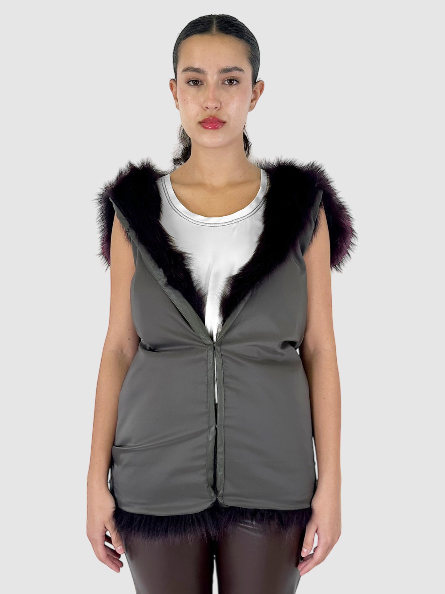 Reversible Hooded Fur Vest - Size XS