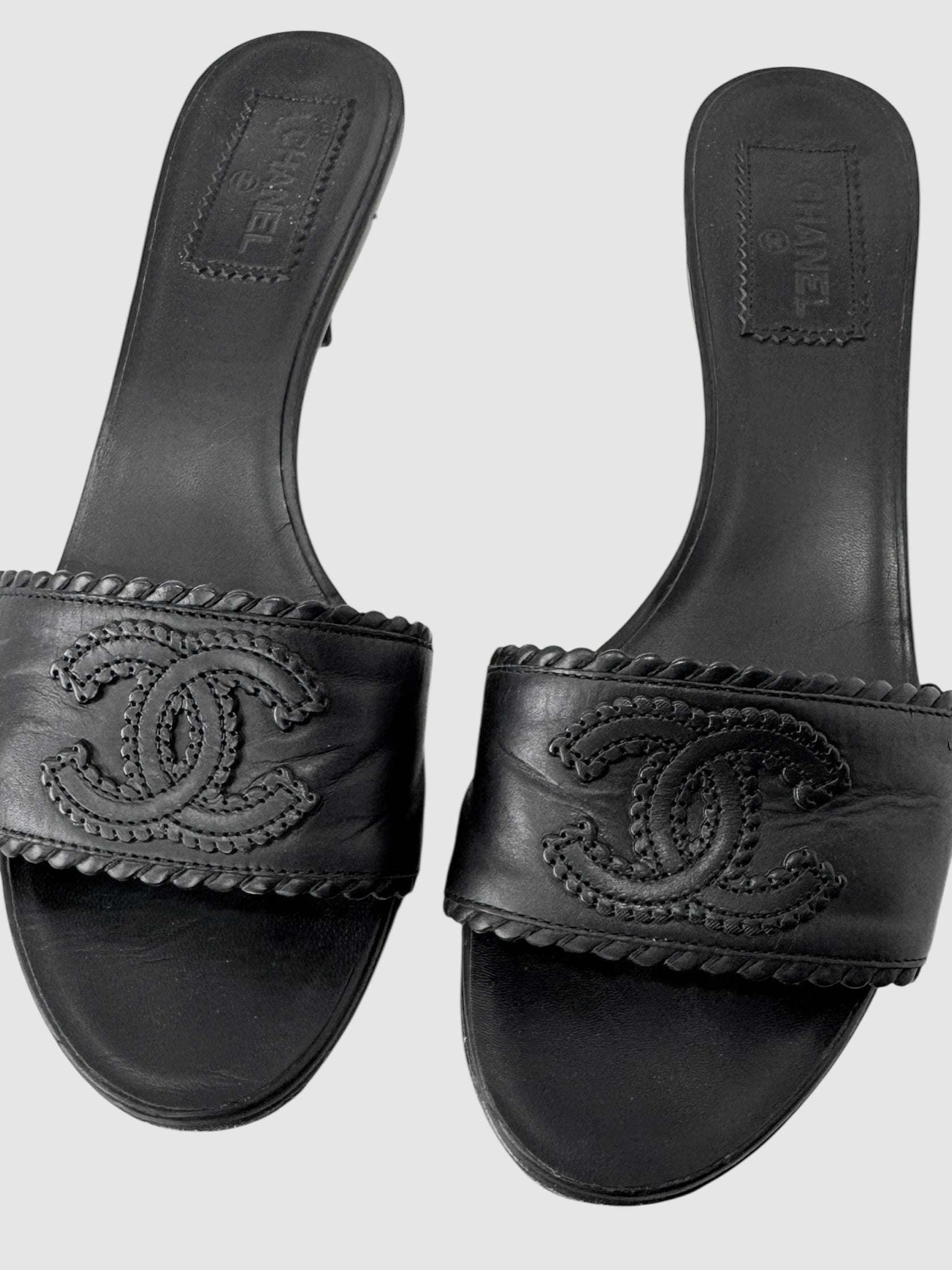 Leather CC Embroidered Slide Mules