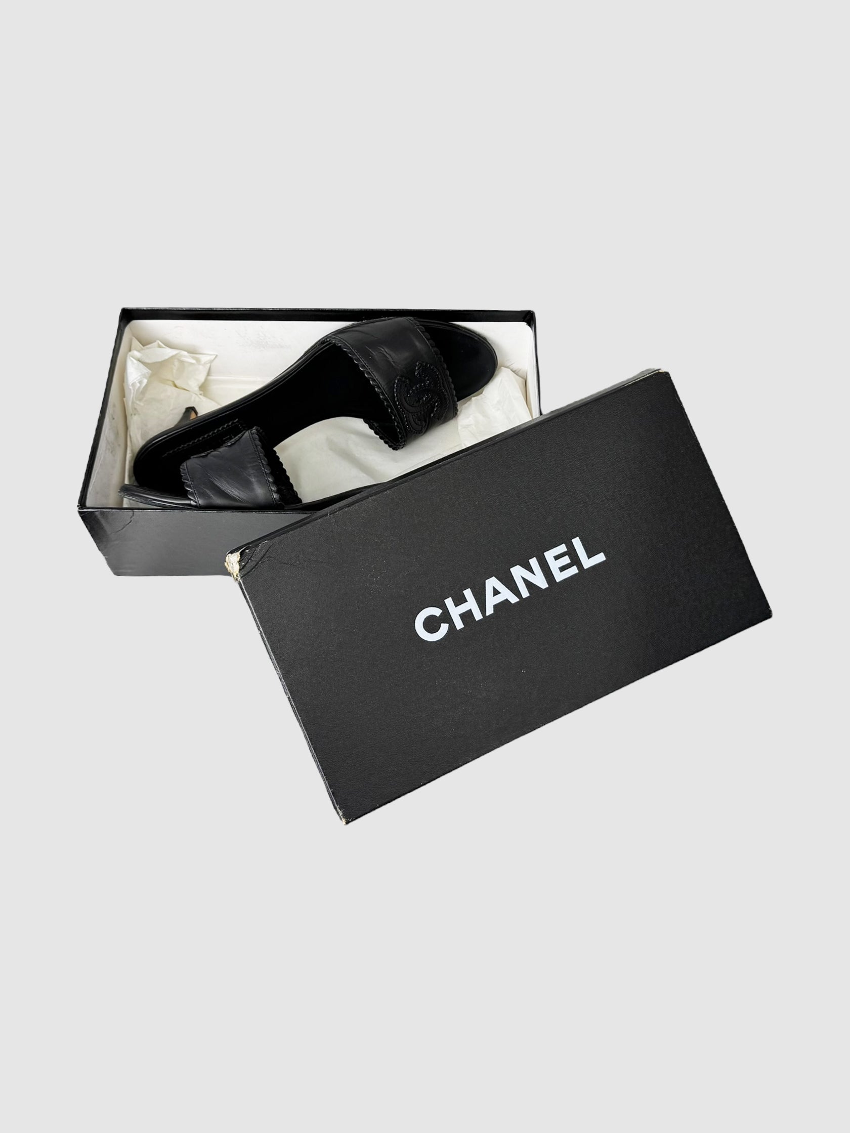 Leather CC Embroidered Slide Mules