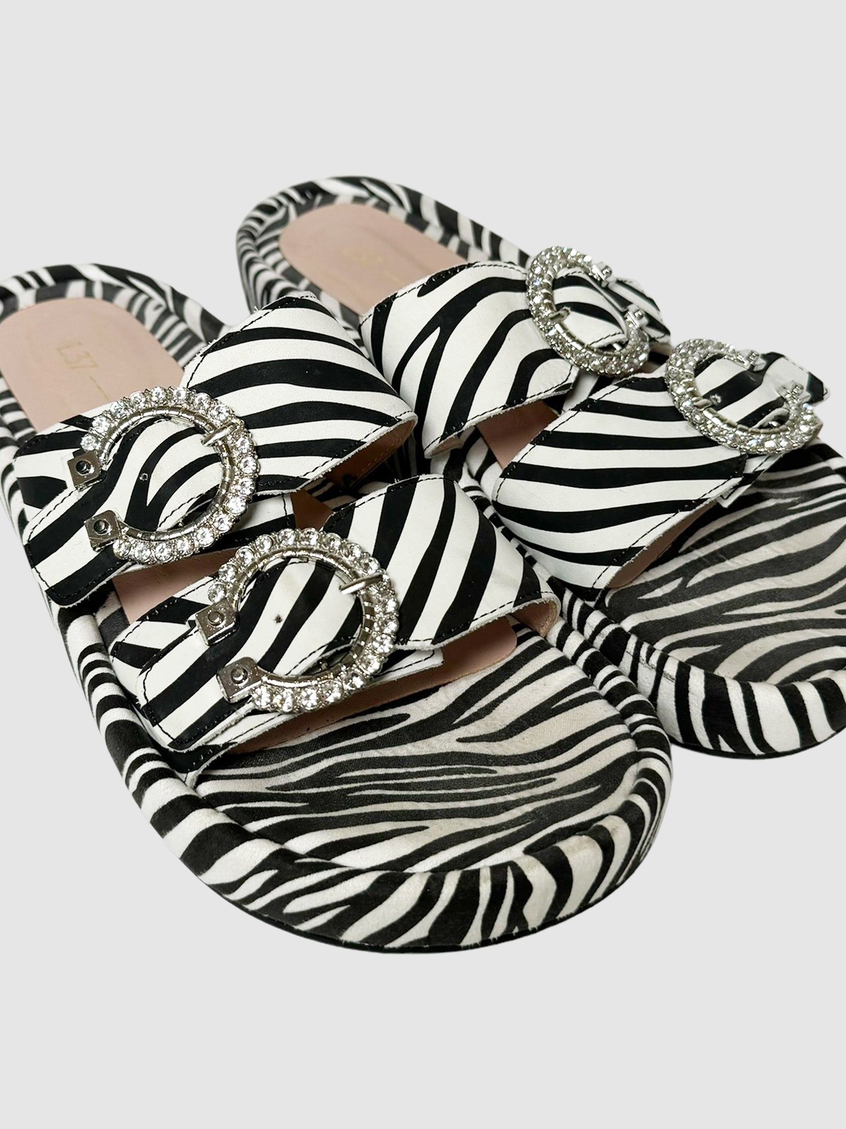 Zebra Print Crystal Buckle Slides - Size 40
