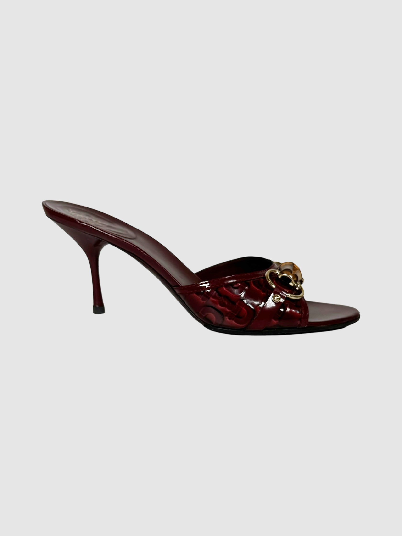 Gucci Burgundy Patent Leather Heels with Horsebit Accent, Size 8.5 Consignment Secondhand Designer Luxury Resale Toronto Trendy