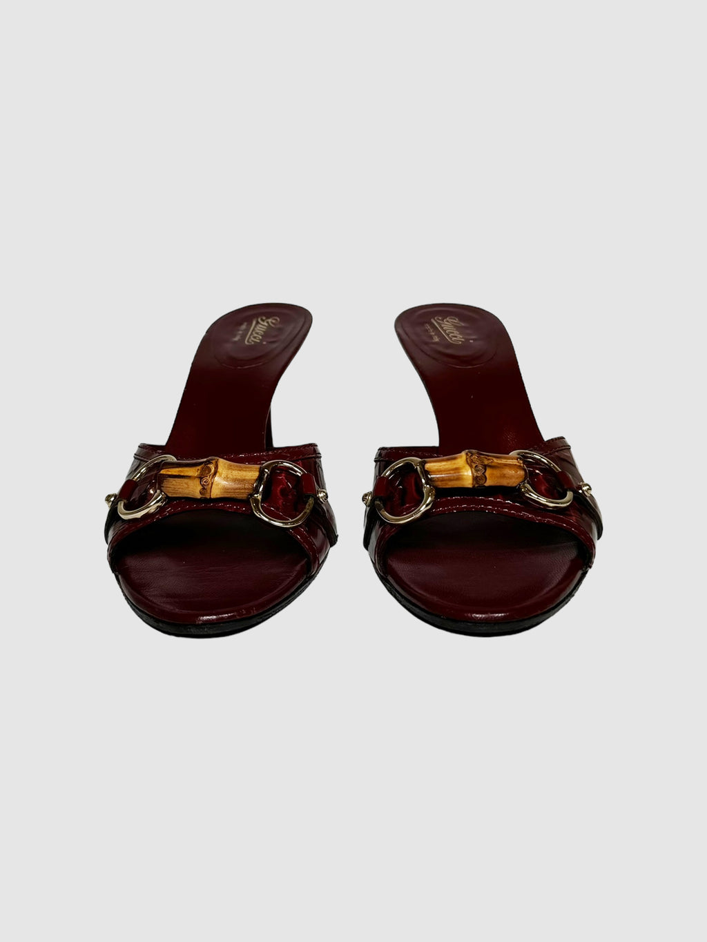 Gucci Burgundy Patent Leather Heels with Horsebit Accent, Size 8.5 Consignment Secondhand Designer Luxury Resale Toronto Trendy