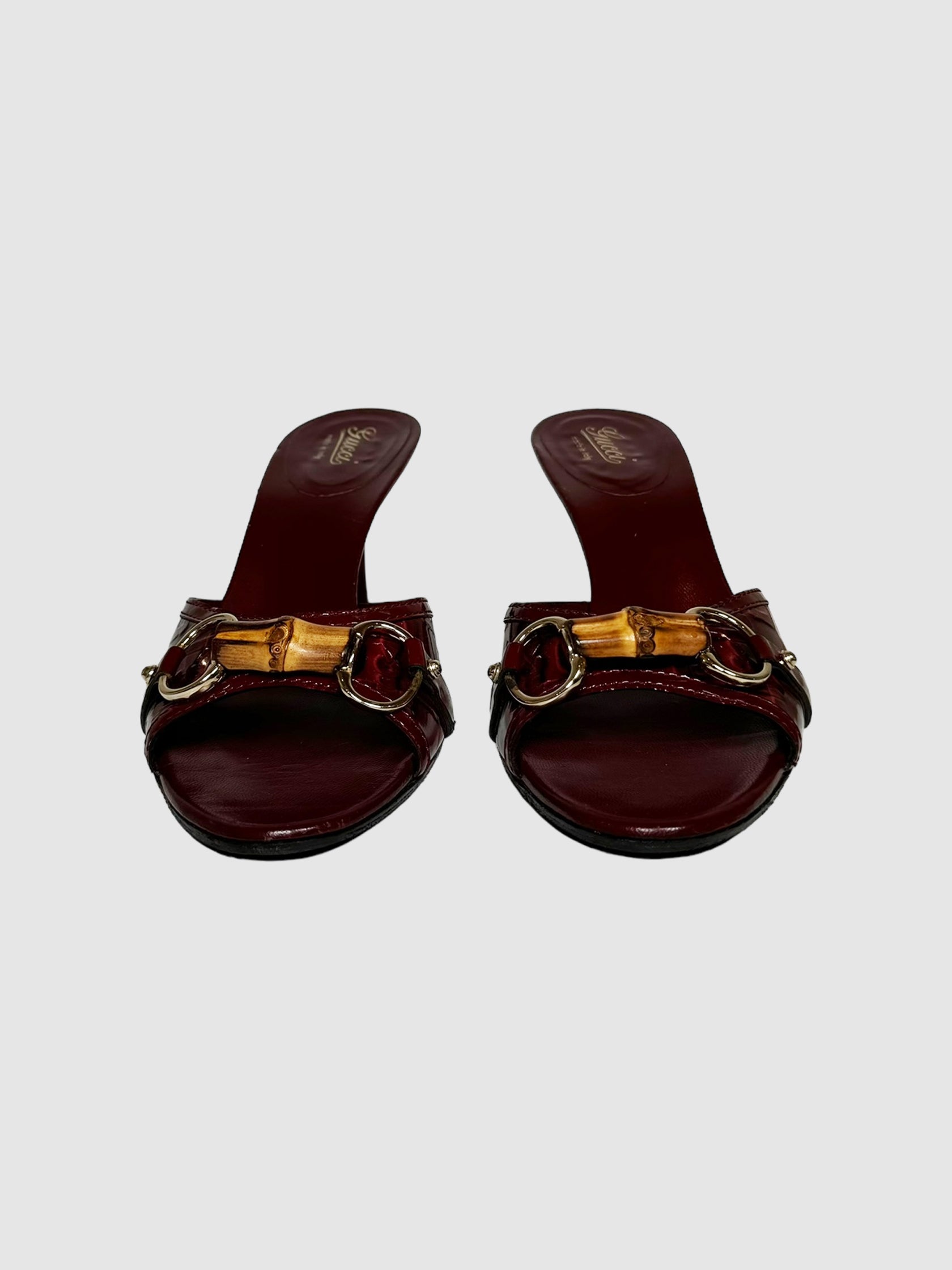 Gucci Burgundy Patent Leather Heels with Horsebit Accent, Size 8.5 Consignment Secondhand Designer Luxury Resale Toronto Trendy