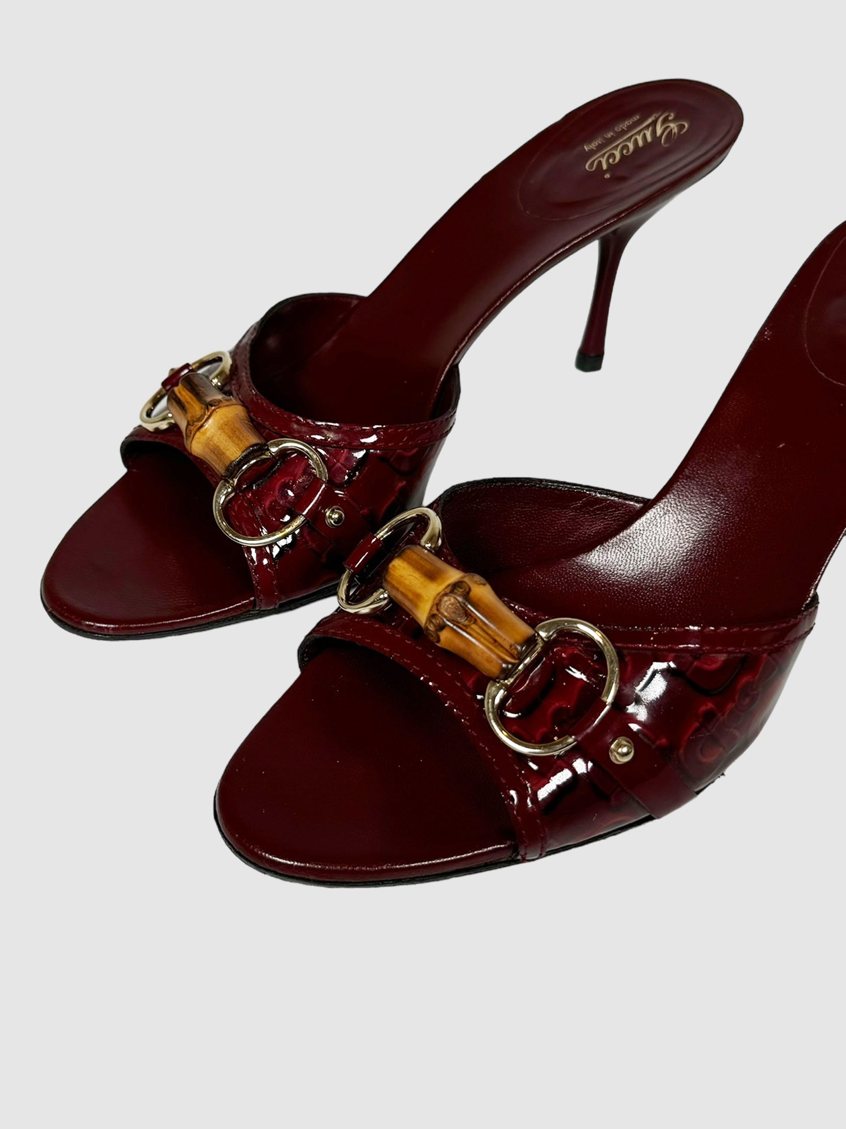 Gucci Burgundy Patent Leather Heels with Horsebit Accent, Size 8.5 Consignment Secondhand Designer Luxury Resale Toronto Trendy