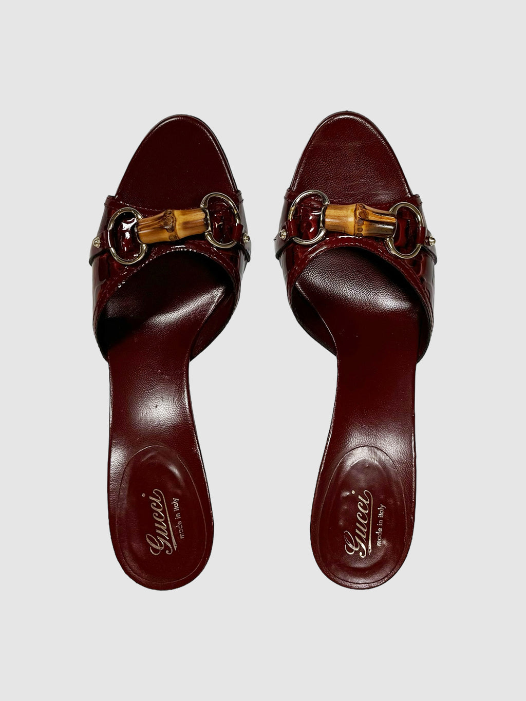 Gucci Burgundy Patent Leather Heels with Horsebit Accent, Size 8.5 Consignment Secondhand Designer Luxury Resale Toronto Trendy