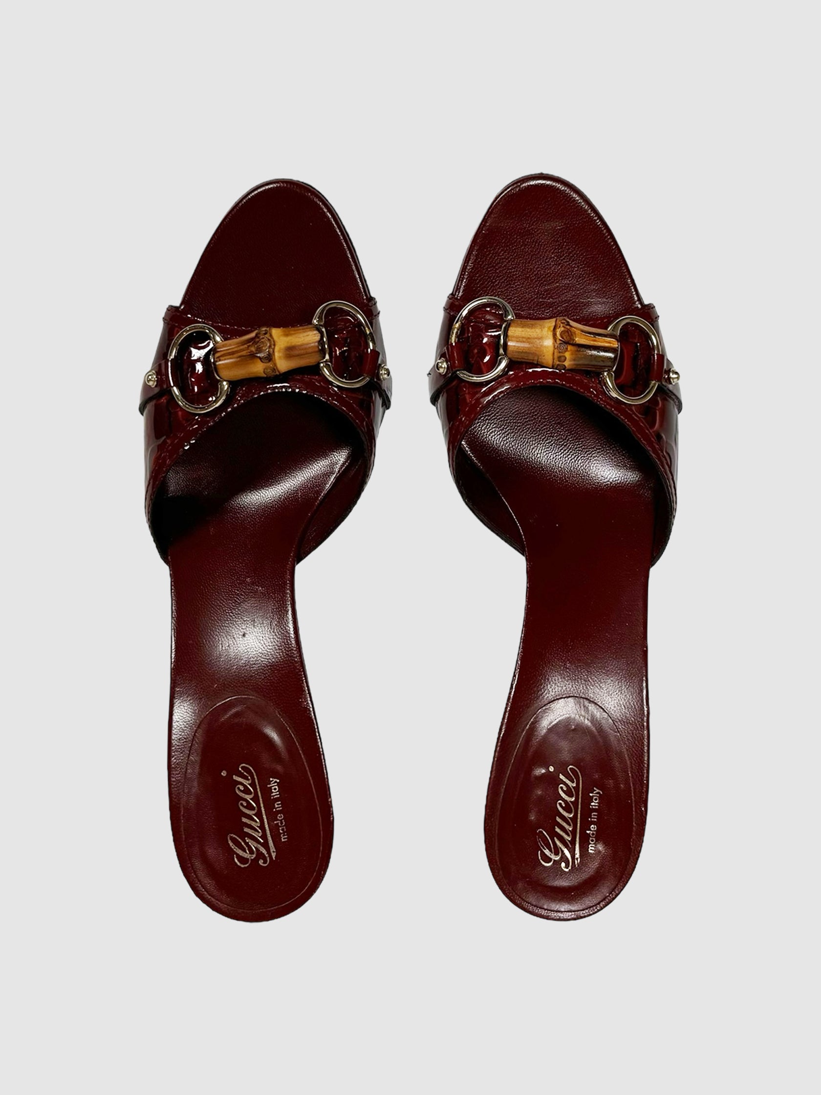 Gucci Burgundy Patent Leather Heels with Horsebit Accent, Size 8.5 Consignment Secondhand Designer Luxury Resale Toronto Trendy