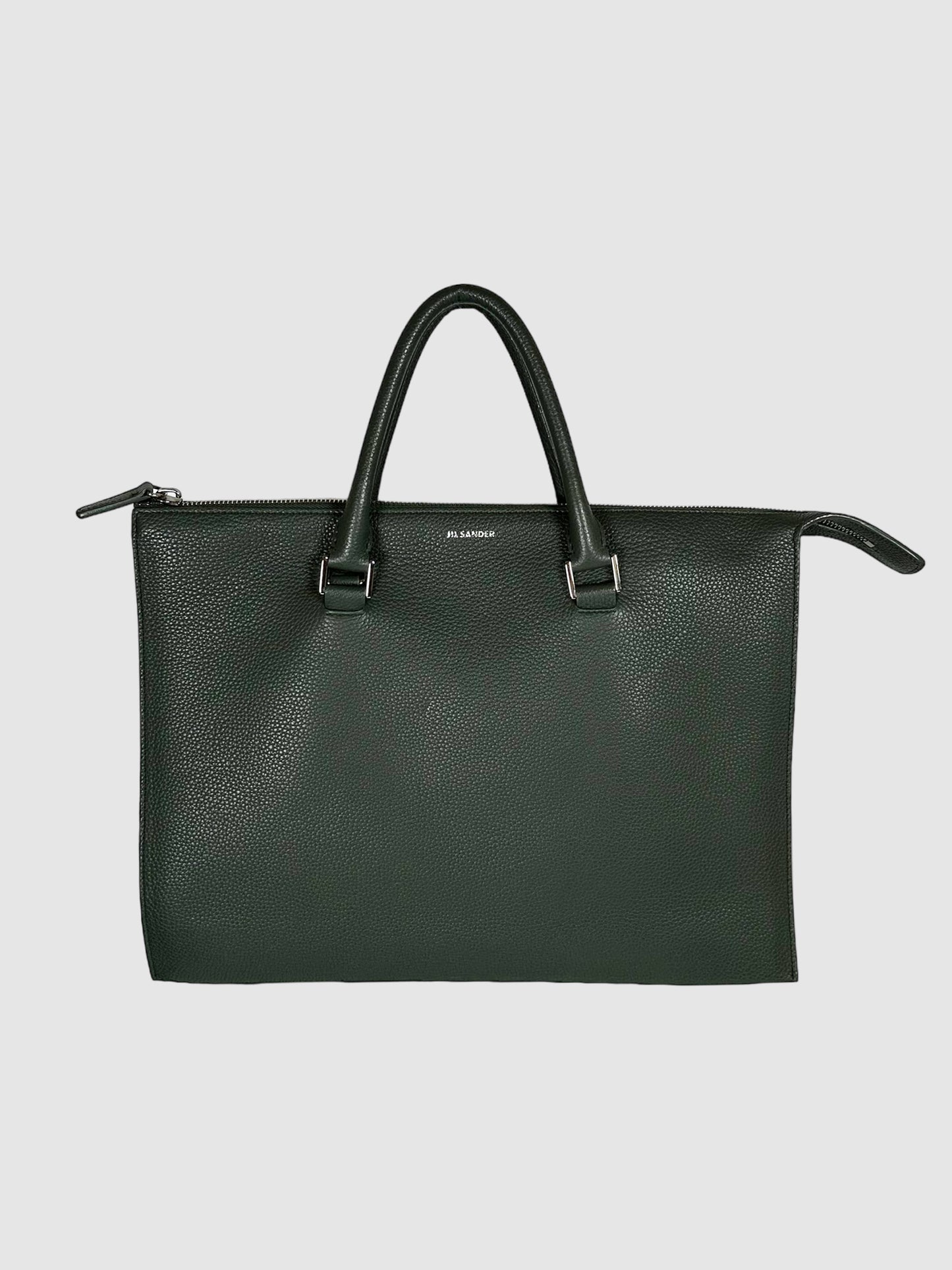 Jil Sander Green Pebbled Leather Multi-Compartment Document/Laptop Holder Bag Consignment Secondhand Designer Luxury Resale Toronto Trendy