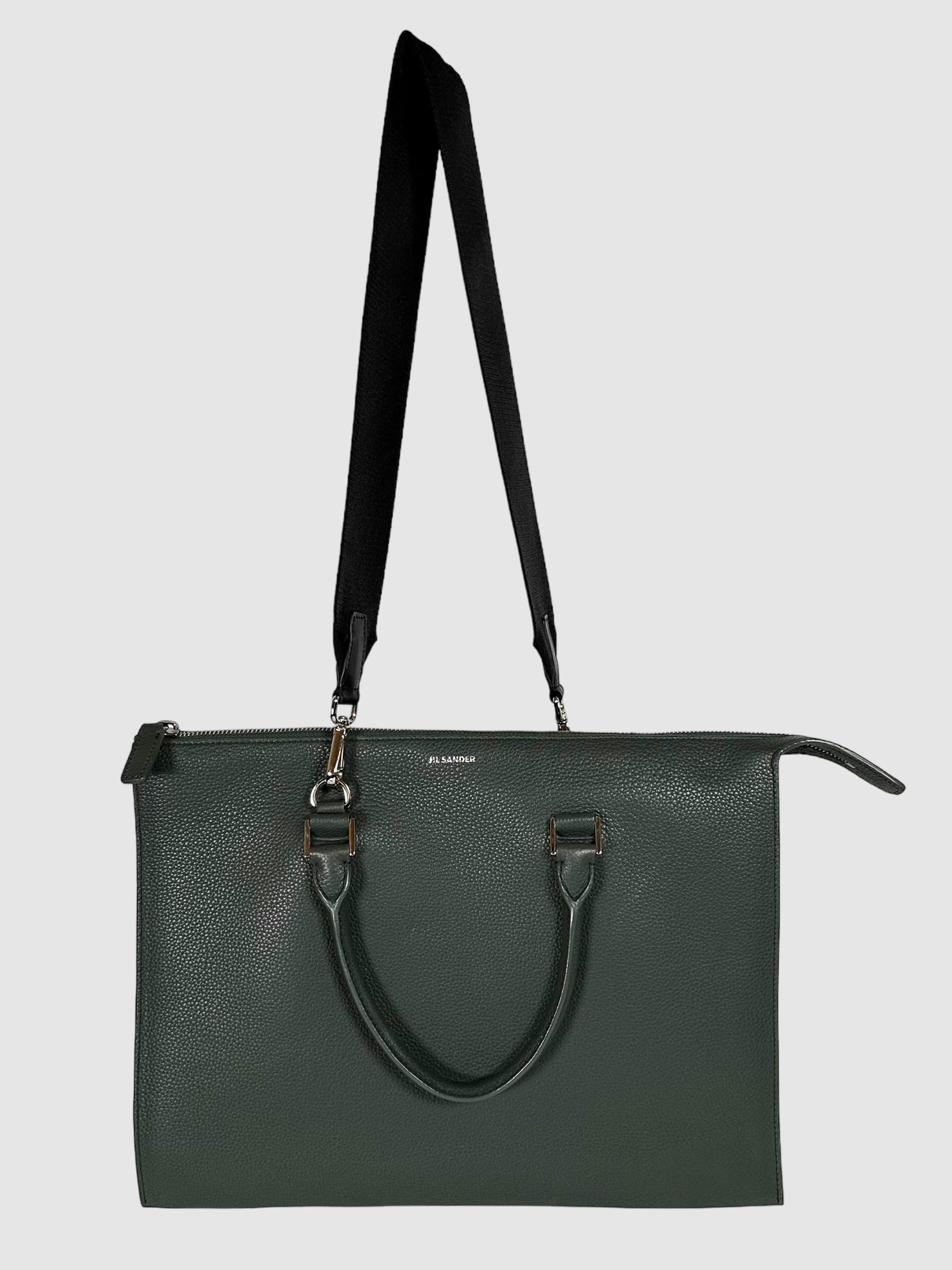 Jil Sander Green Pebbled Leather Multi-Compartment Document/Laptop Holder Bag Consignment Secondhand Designer Luxury Resale Toronto Trendy