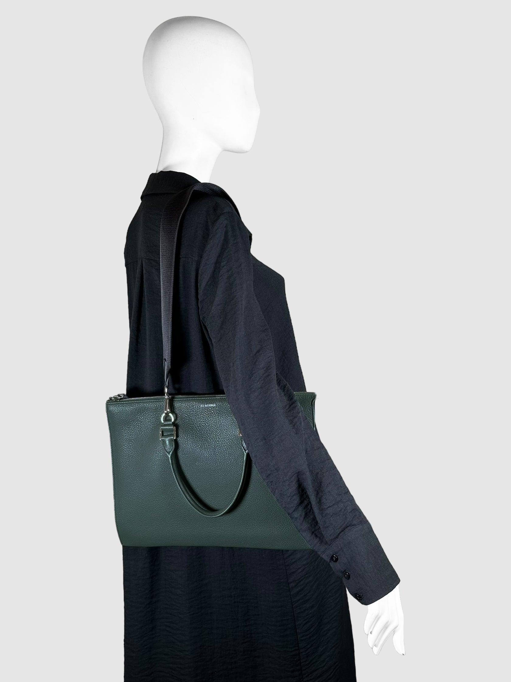 Jil Sander Green Pebbled Leather Multi-Compartment Document/Laptop Holder Bag Consignment Secondhand Designer Luxury Resale Toronto Trendy