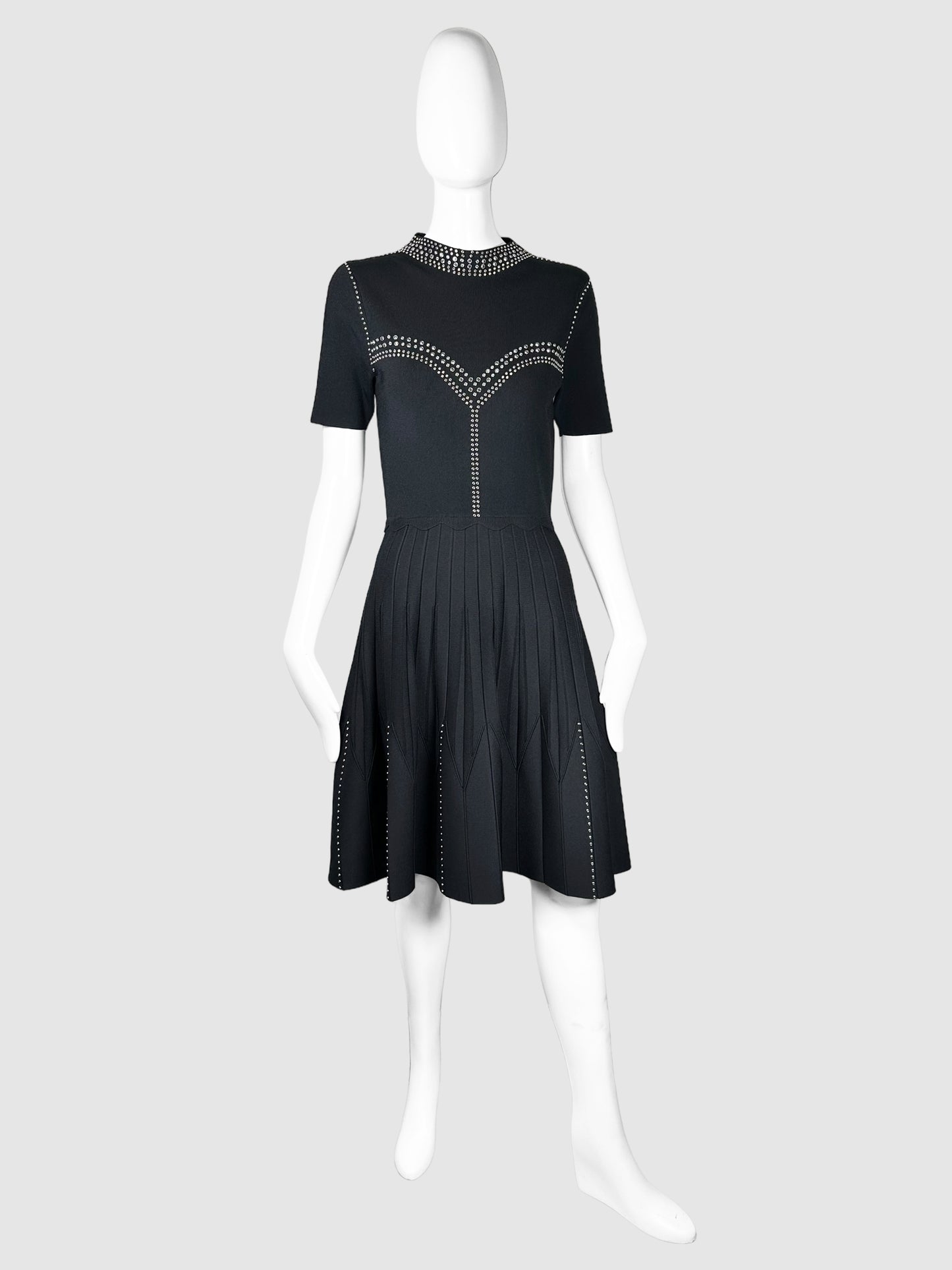 Sandro Black Stud-Accent Pleated Short Sleeve Mini Dress Size Small Consignment Secondhand Designer Luxury Resale Toronto Trendy