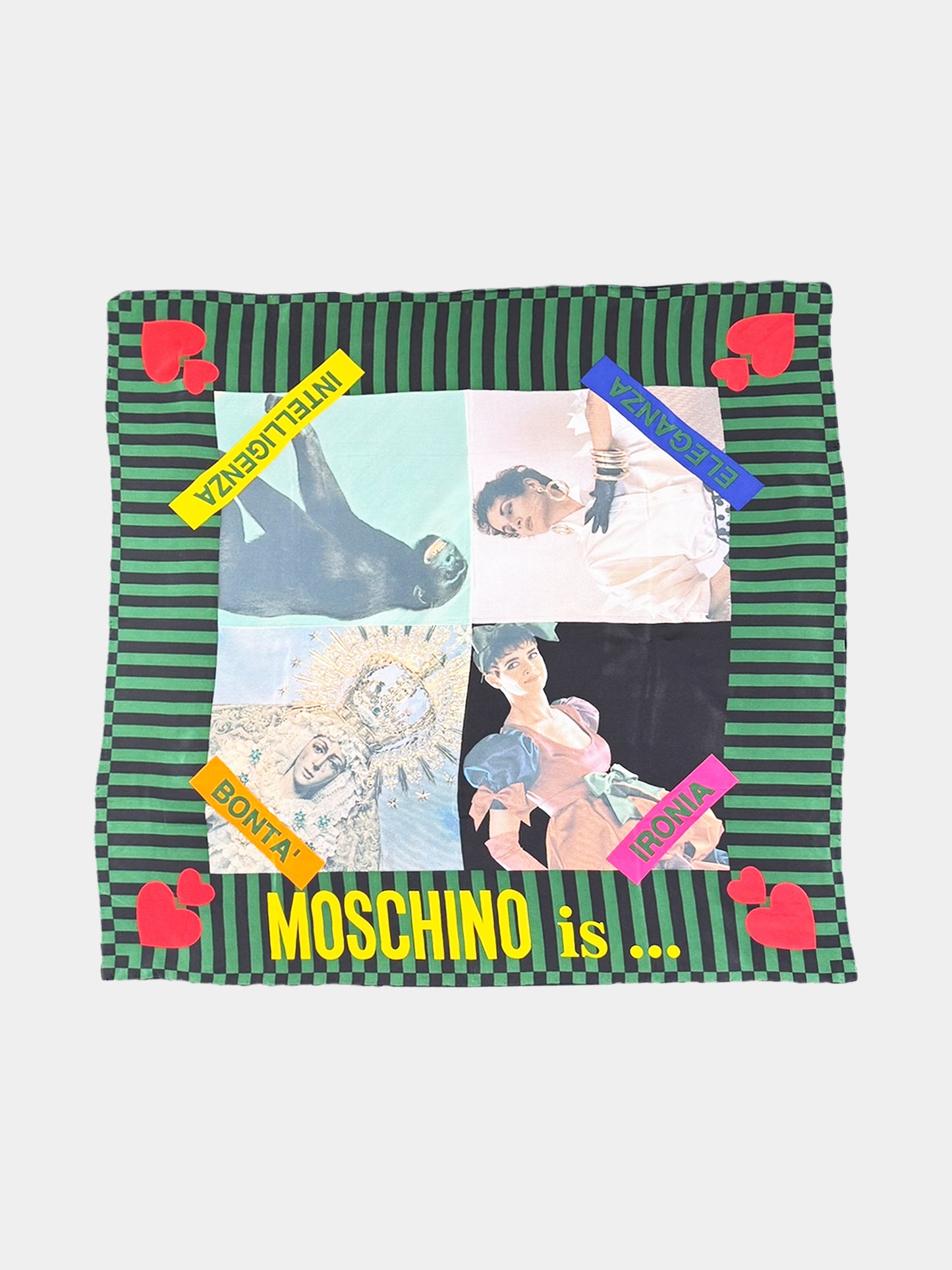 Moschino Multicolour 90s Moschino Is... Graphic Silk Scarf Elizabeth Taylor Accessories Vintage Retro Luxury Designer Resale Toronto Consignment