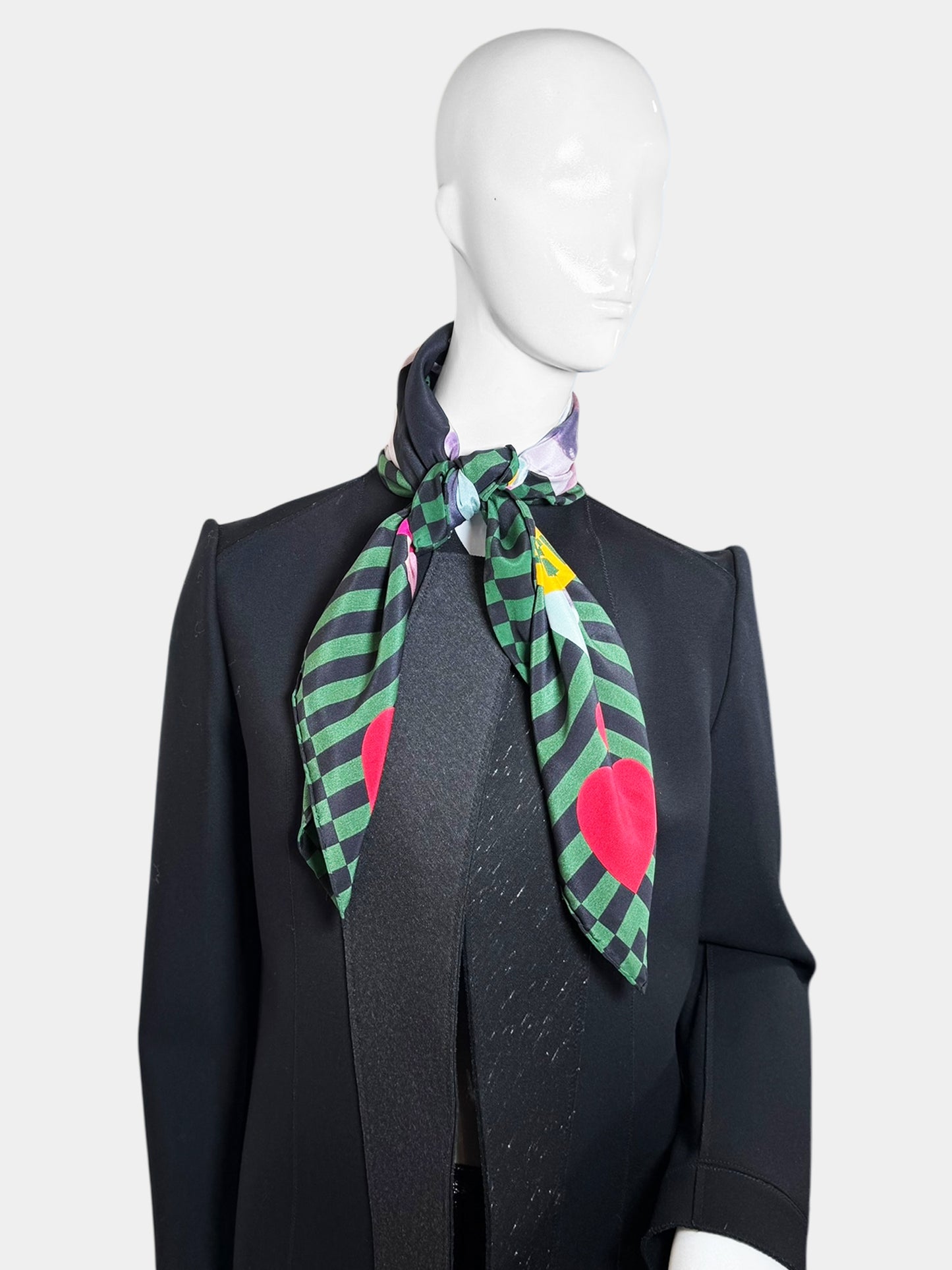 Moschino Multicolour 90s Moschino Is... Graphic Silk Scarf Elizabeth Taylor Accessories Vintage Retro Luxury Designer Resale Toronto Consignment