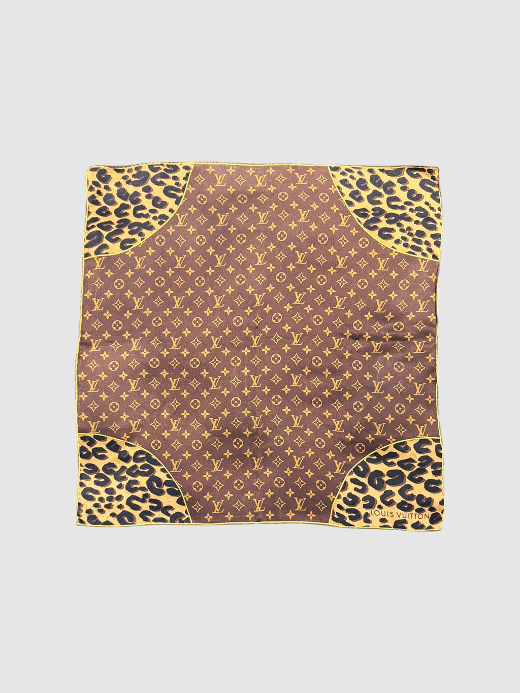 Louis Vuitton Leopard Print Trim Monogram Square Silk Scarf Luxury Designer Resale Consignment Toronto Accessories