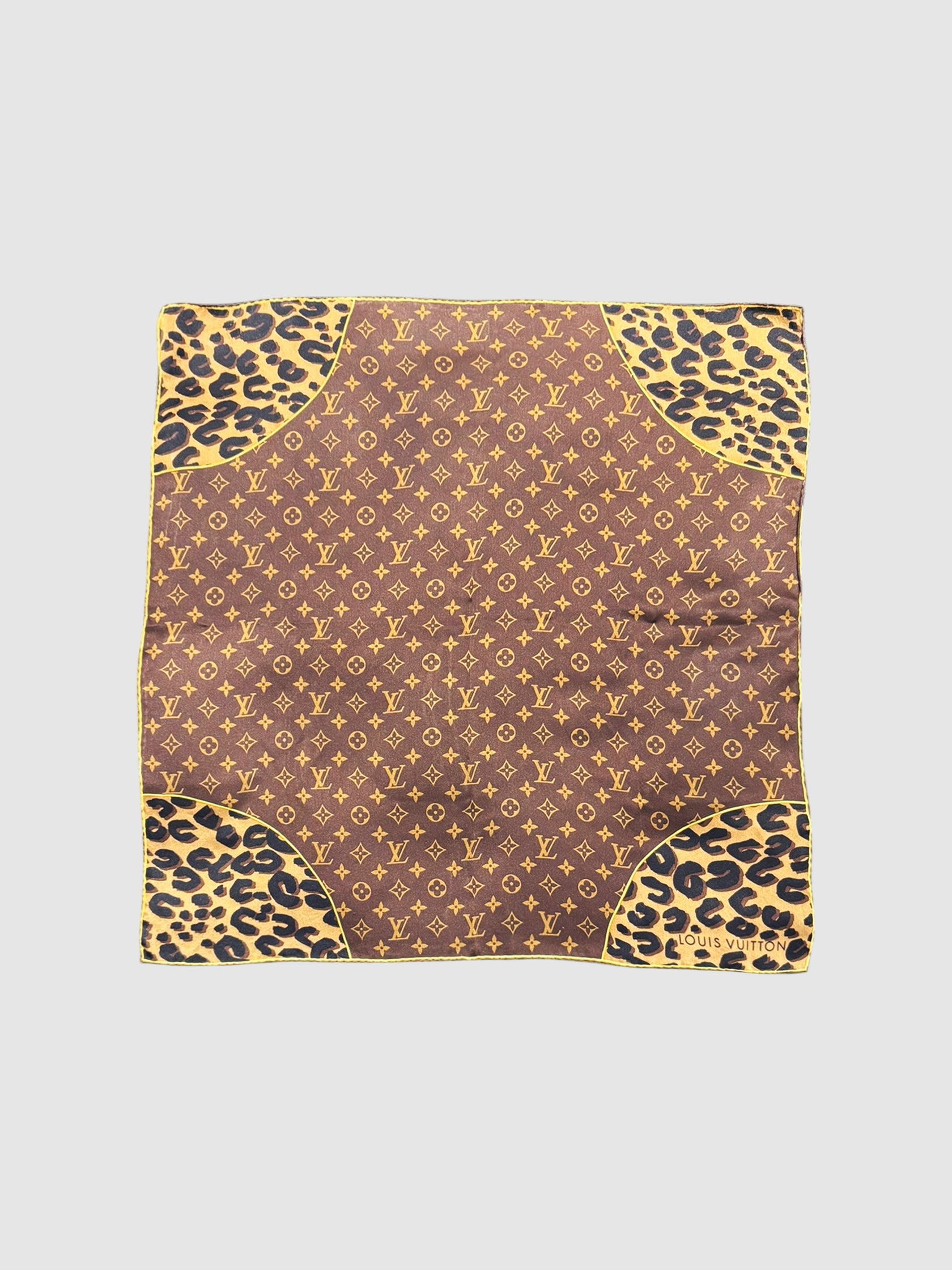 Louis Vuitton Leopard Print Trim Monogram Square Silk Scarf Luxury Designer Resale Consignment Toronto Accessories
