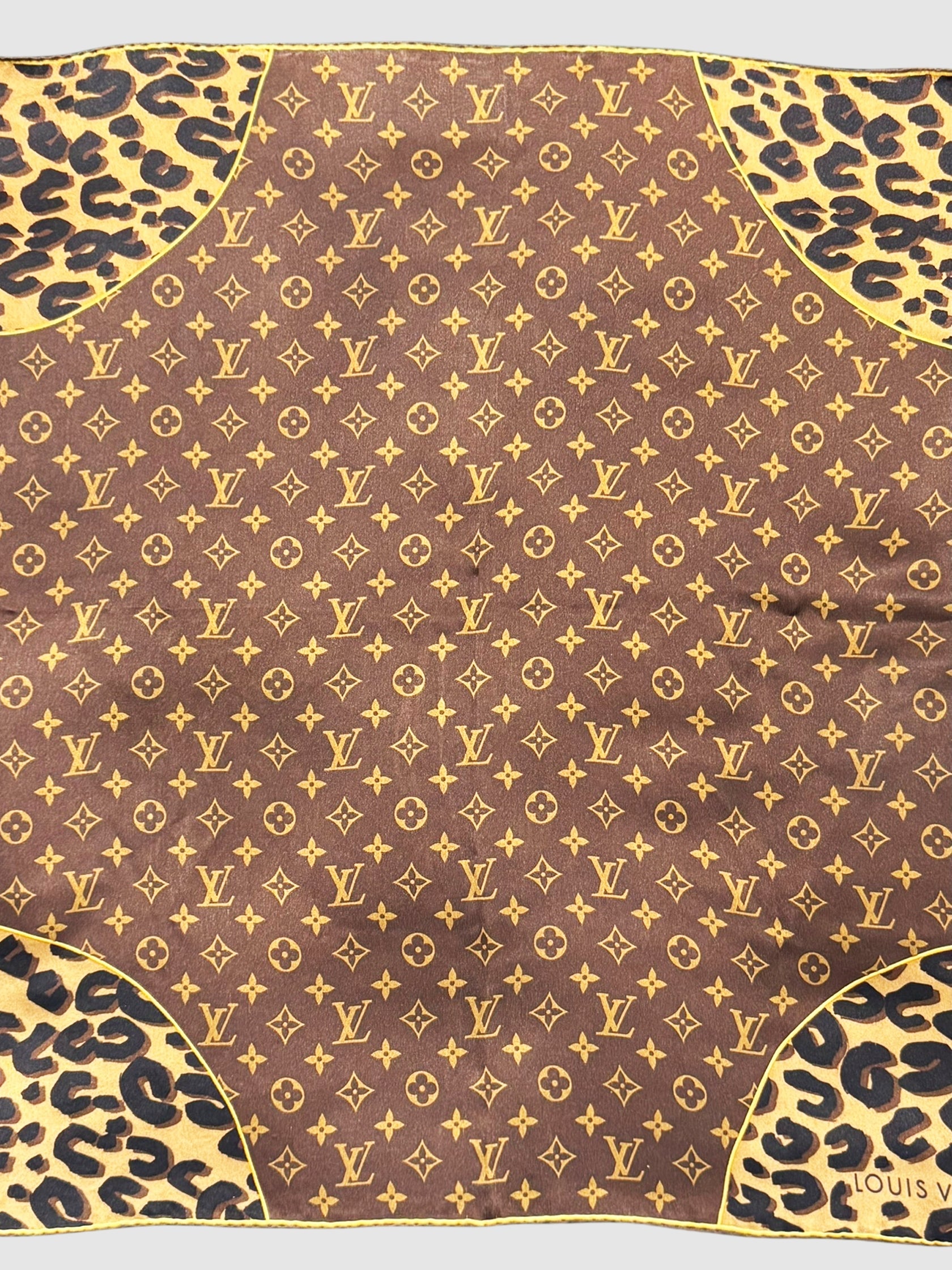 Louis Vuitton Leopard Print Trim Monogram Square Silk Scarf Luxury Designer Resale Consignment Toronto Accessories