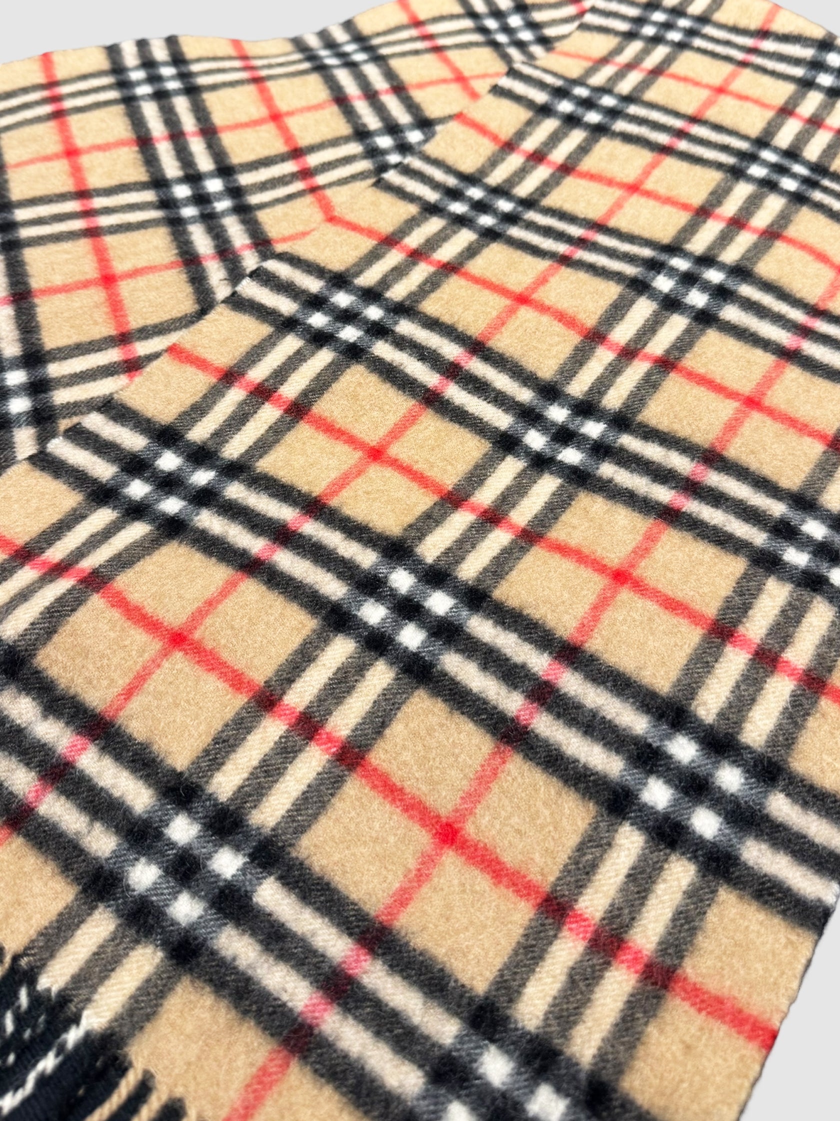 Burberry Beige Nova Check Cashmere Scarf with Fringe Trim Winter Accessories Luxury Designer Resale Consignment Toronto