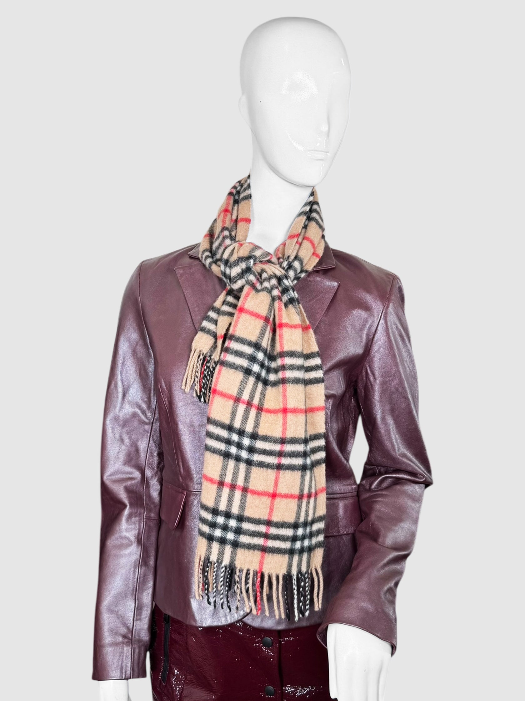 Burberry Beige Nova Check Cashmere Scarf with Fringe Trim Winter Accessories Luxury Designer Resale Consignment Toronto