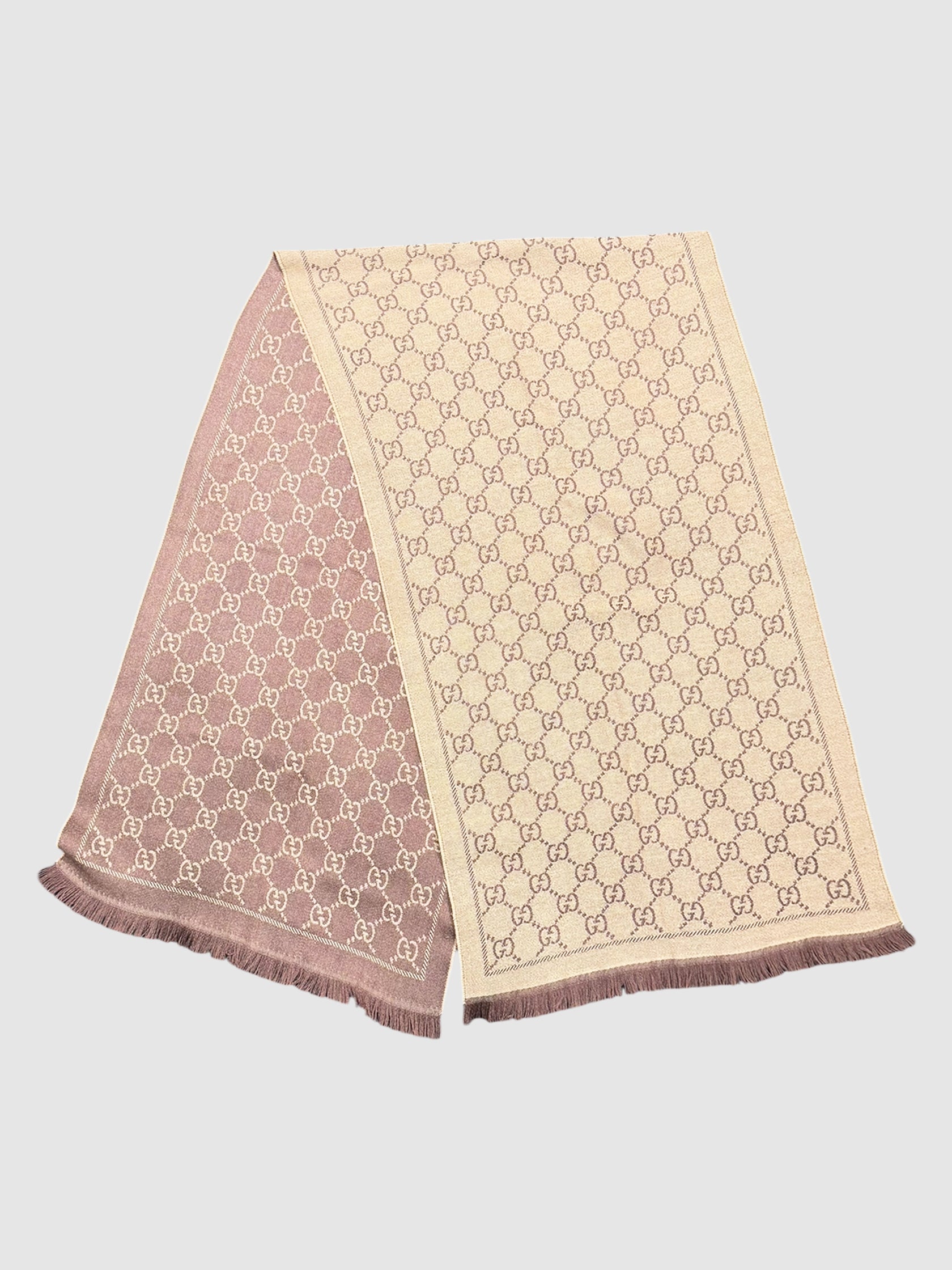 Gucci GG Beige and Brown Jacquard Monogram Reversible Knit Fringe Trim Scarf Luxury Designer Resale Consignment Toronto Winter Accessories