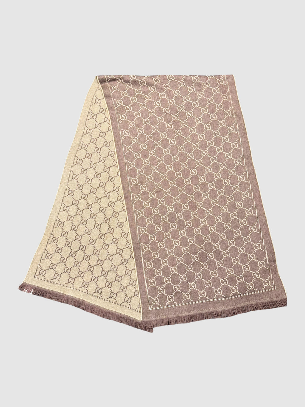 Gucci GG Beige and Brown Jacquard Monogram Reversible Knit Fringe Trim Scarf Luxury Designer Resale Consignment Toronto Winter Accessories