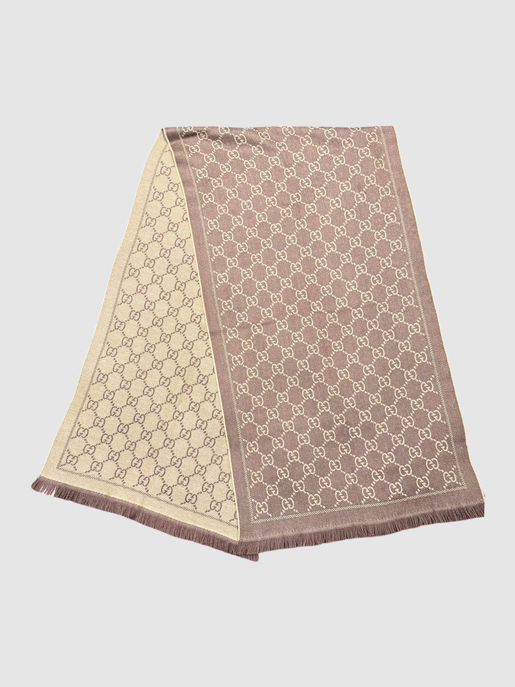 Gucci GG Beige and Brown Jacquard Monogram Reversible Knit Fringe Trim Scarf Luxury Designer Resale Consignment Toronto Winter Accessories