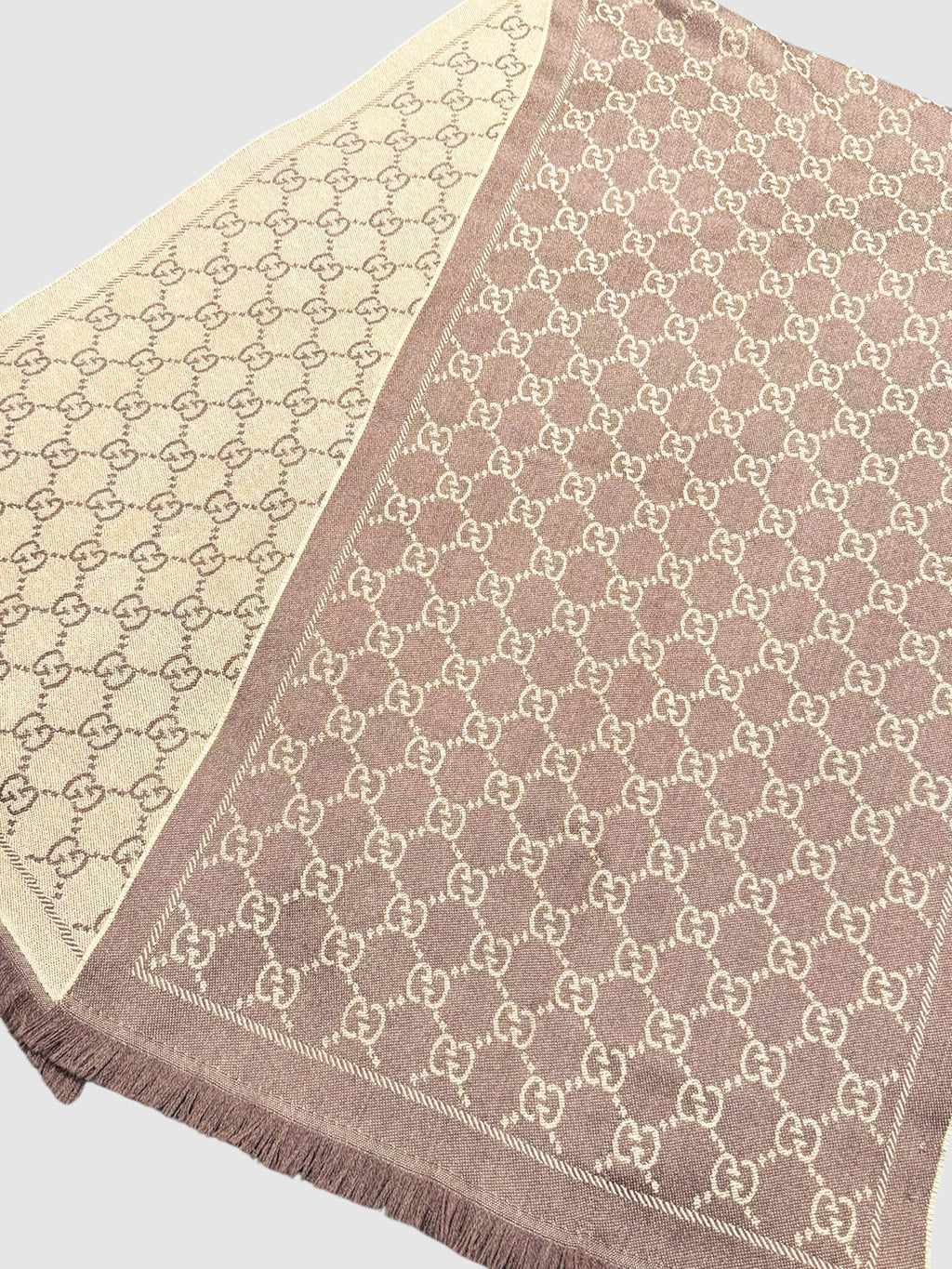 Gucci GG Beige and Brown Jacquard Monogram Reversible Knit Fringe Trim Scarf Luxury Designer Resale Consignment Toronto Winter Accessories