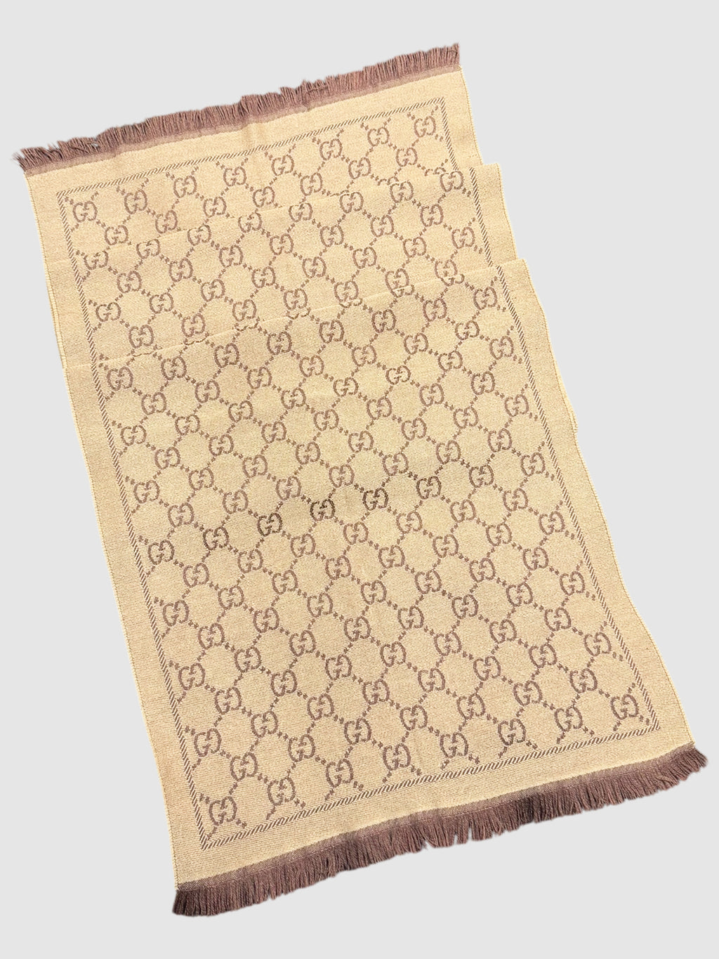Gucci GG Beige and Brown Jacquard Monogram Reversible Knit Fringe Trim Scarf Luxury Designer Resale Consignment Toronto Winter Accessories