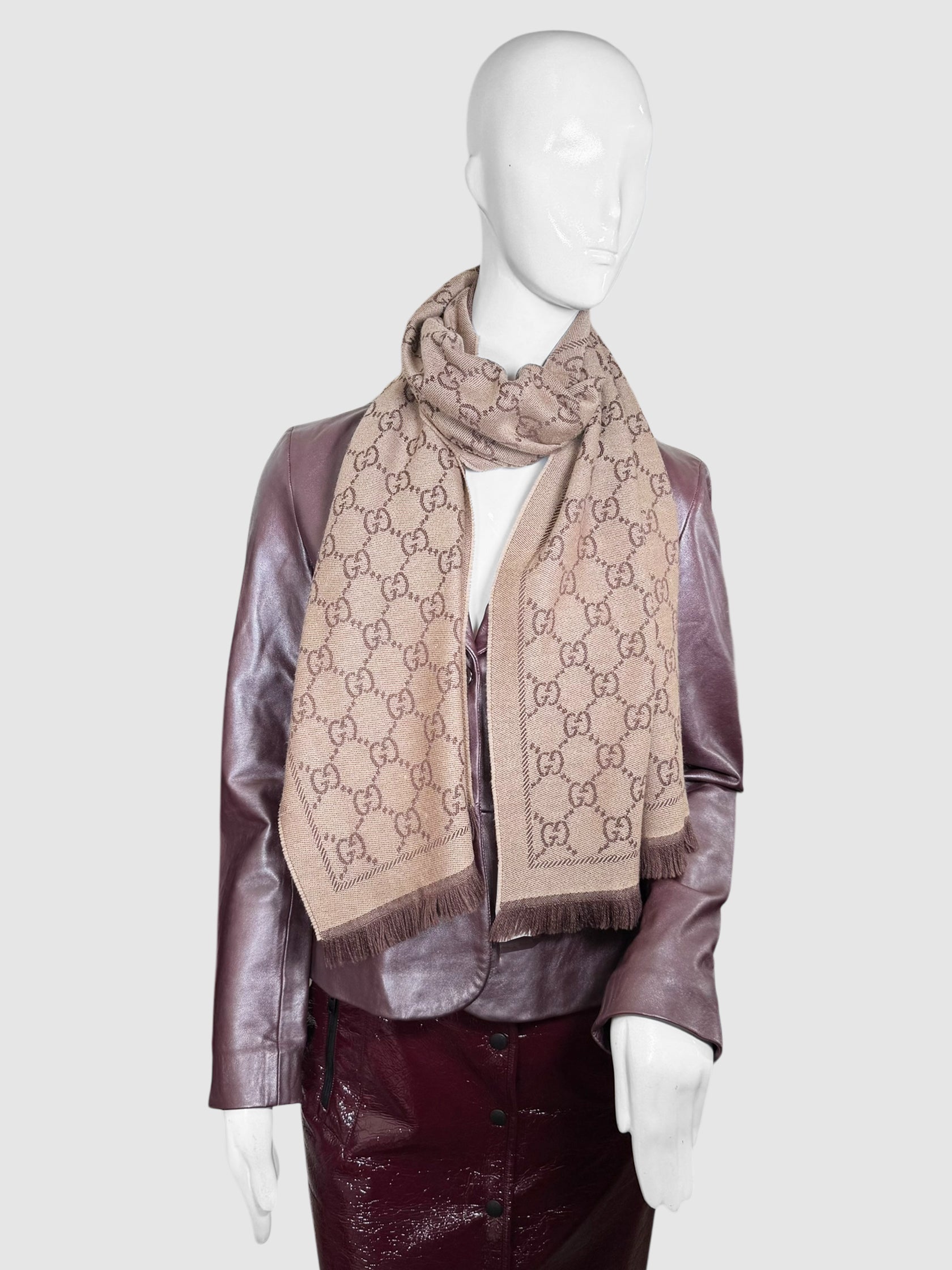 Gucci GG Beige and Brown Jacquard Monogram Reversible Knit Fringe Trim Scarf Luxury Designer Resale Consignment Toronto Winter Accessories