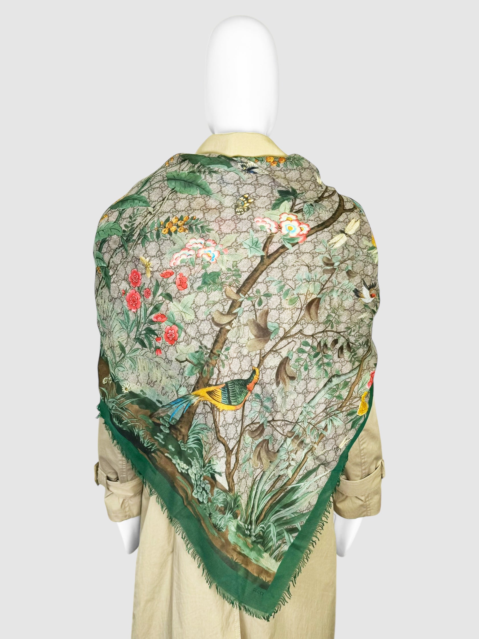 Gucci Green Tian Modal Silk Shawl Forest Monogram Luxury Designer Resale Consignment Toronto Canada