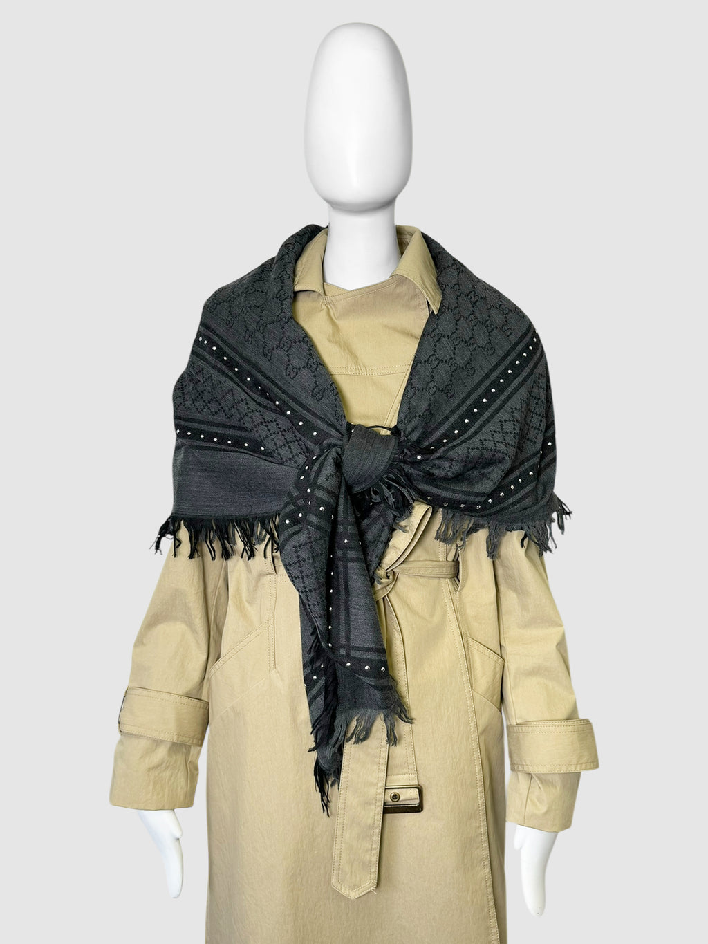 Gucci Black Wool Silk Blend GG Monogram Plaid Studded Shawl Luxury Designer Resale Consignment Toronto Canada