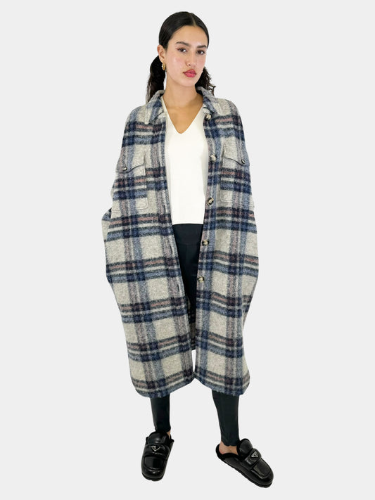 Plaid Long Button-Up Jacket - Size 0