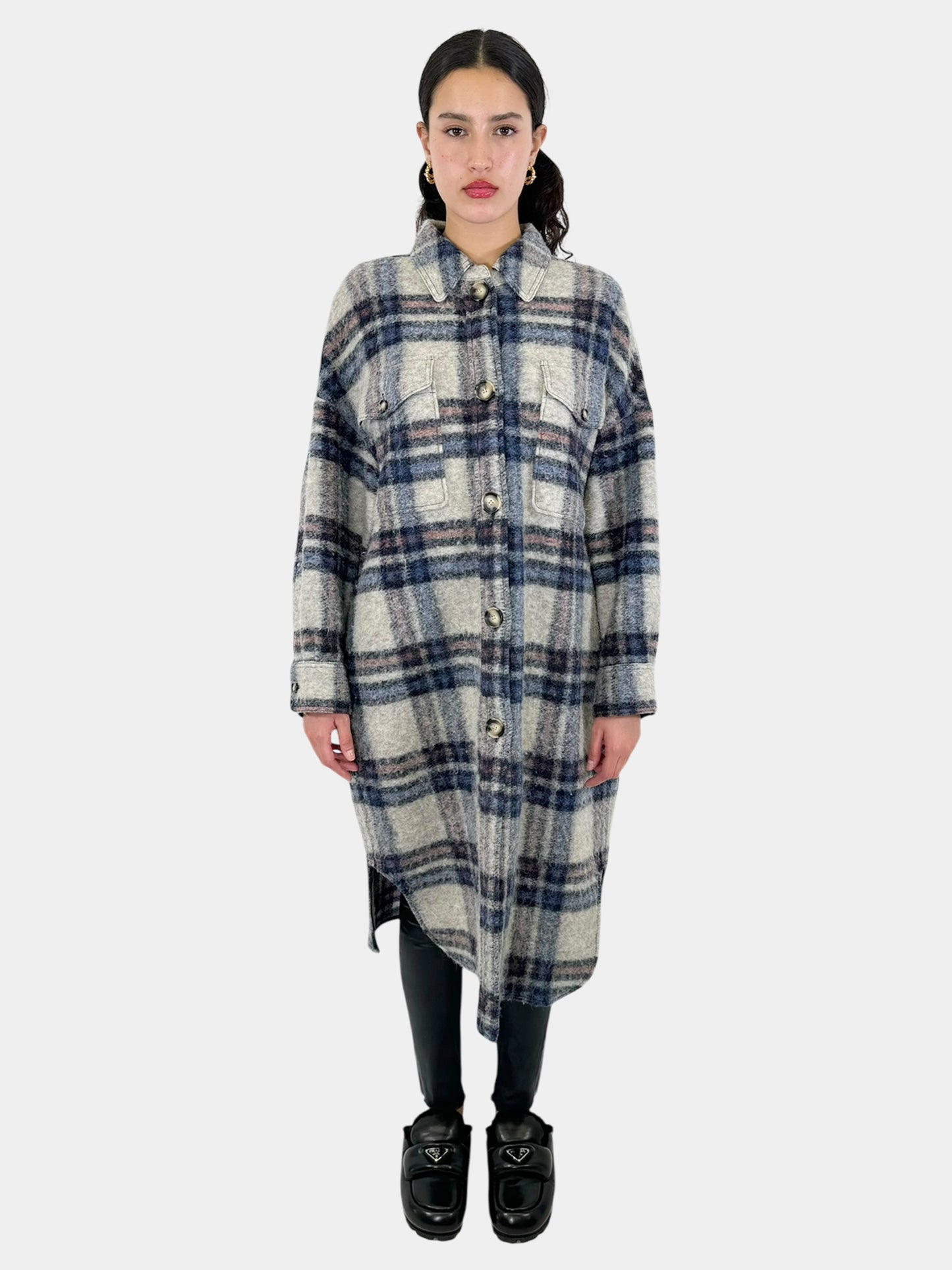 Plaid Long Button-Up Jacket - Size 0