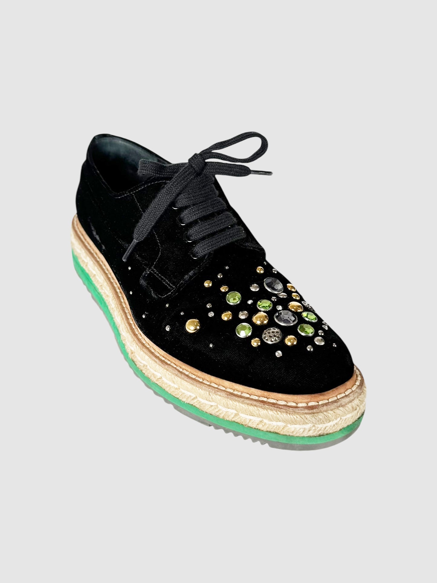 Prada Velvet Platform Crystal Studded Oxford Sneakers, Size 37.5 Luxury Designer Resale Consignment Toronto Shoes