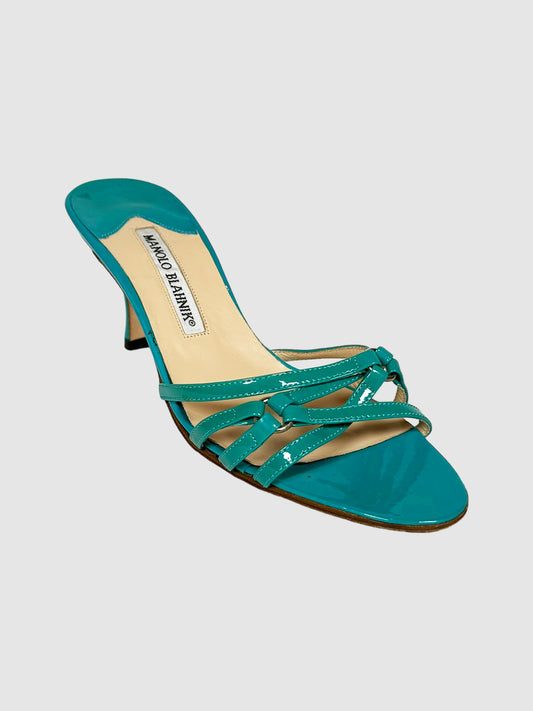  Manolo Blahnik Teal Patent Leather Sandals Size 36.5 Consignment Secondhand Designer Luxury Resale Toronto Trendy