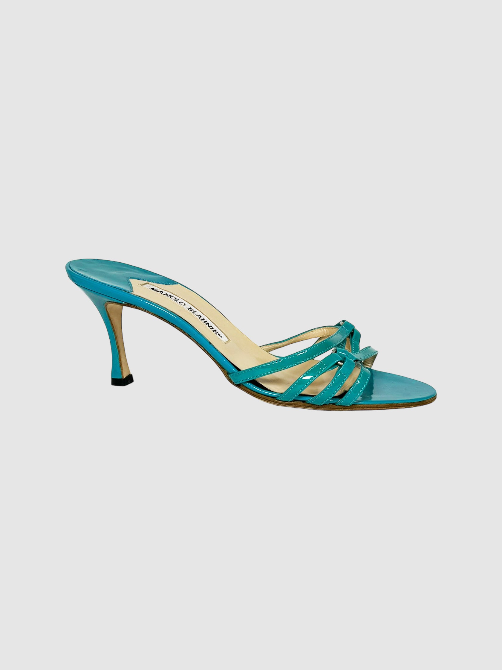 Manolo Blahnik Teal Patent Leather Sandals Size 36.5 Consignment Secondhand Designer Luxury Resale Toronto Trendy