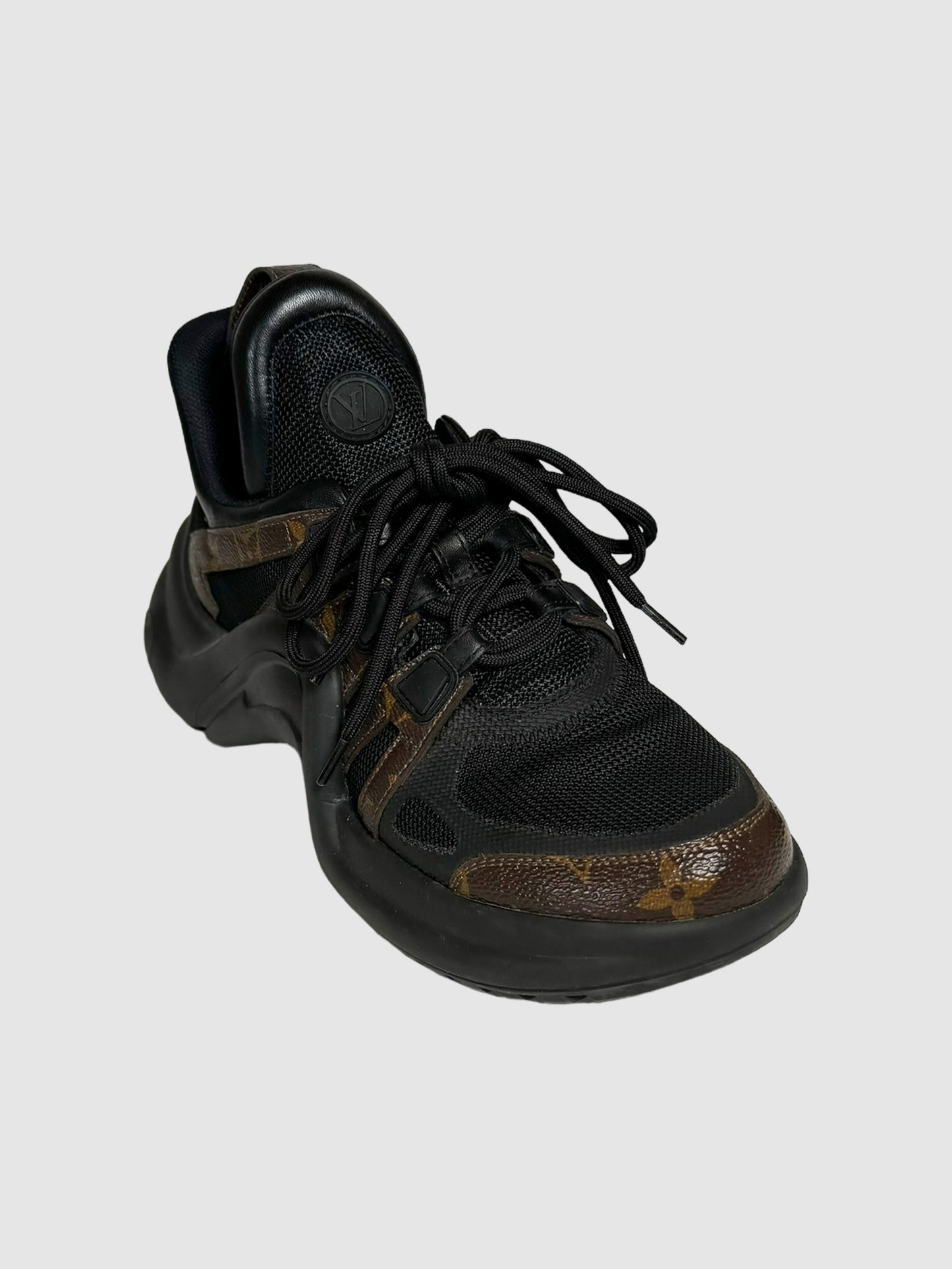 Louis Vuitton "LV Archlight" Lace-Up Sneakers in Black and Brown Leather Monogram Trim Secondhand Luxury Thrift Designer